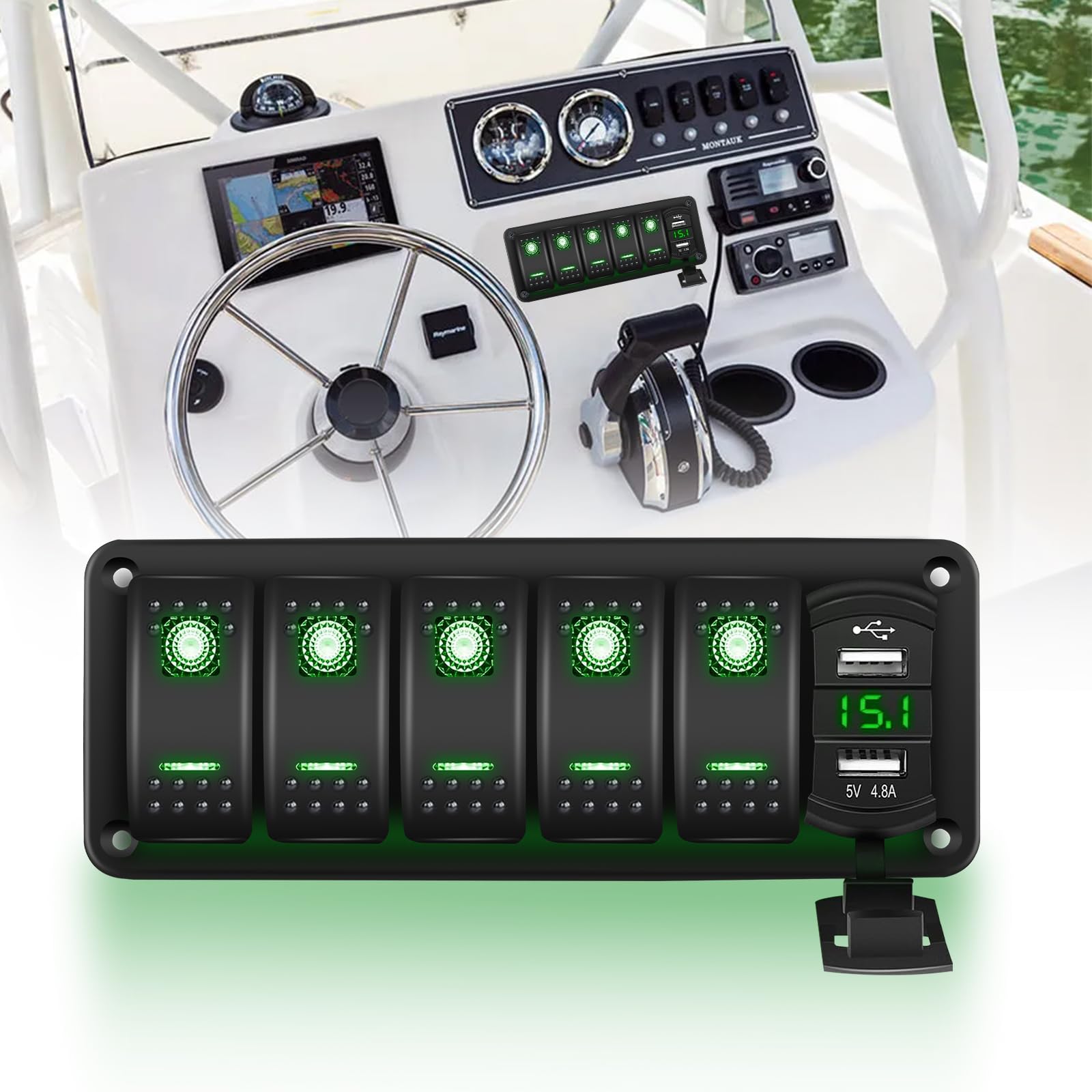 Chelhead 5 Gang Boat Switch Panel Dual USB Charger Green LED Backlit Pre-Wired Aluminum Rocker Switch Panel with Voltmeter Luminous Labels Compatible with Off-Road RV Trailer Truck SUV