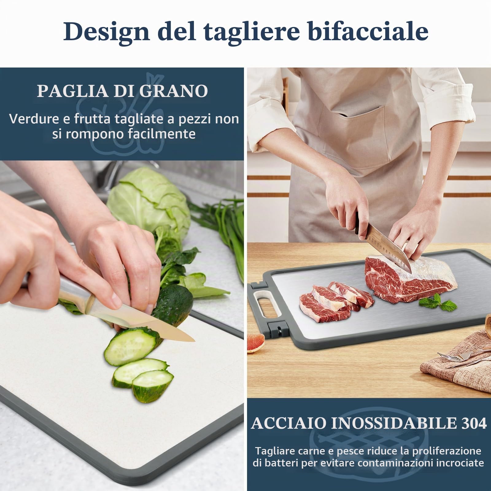 2 in 1 Tagliere Acciaio Inox Bifacciale, Tagliere da Cucina Professionale, Tagliere per la Cucina, Tagliere in Acciaio Inox Alimentare per Carne/Frutta/Verdura - 45 x 31 cm (A)