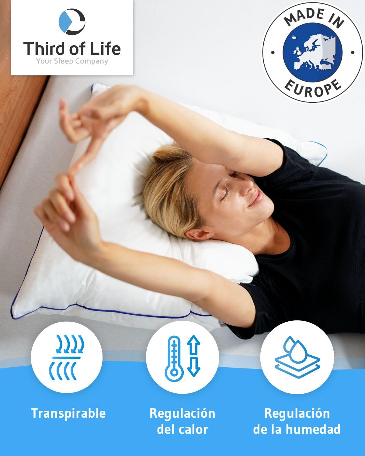 Third of Life Almohada 50x70 inSPIRO para Dormir de Lado, Boca Arriba o Boca Abajo | Almohada sensación de Hotel | Lavable a máquina - Higiene óptima | Calidad Europea | Cojín 50 x 70