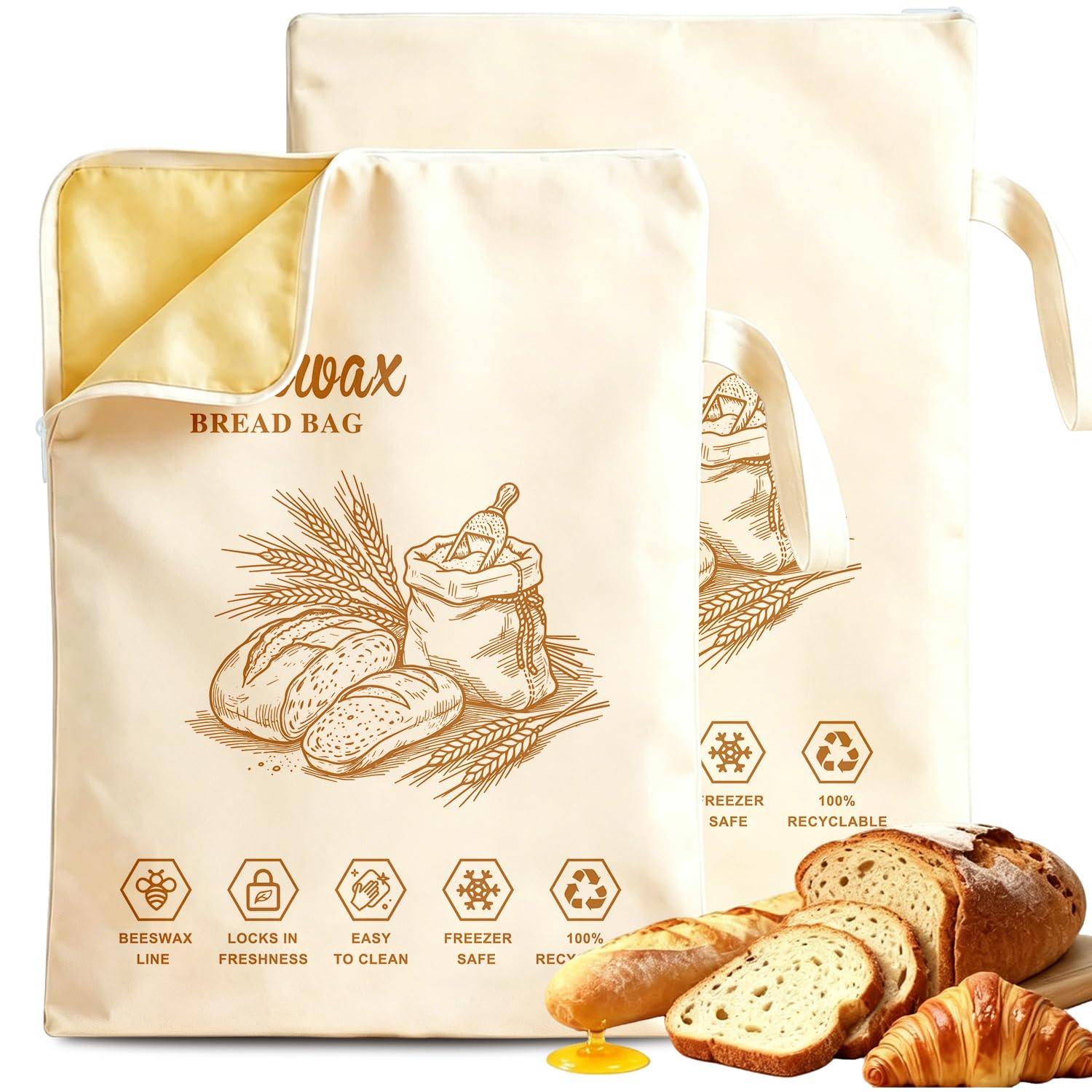 Finphoon 2 Pack Zipper Reusable Beeswax Bread Bags for Sourdough 13"x17"
