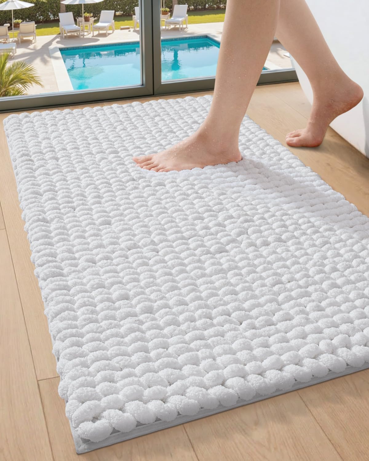 dexi bathroom rugs 36x24, non slip washable bath mat, luxury chenille super absorbent ultra thick bathmats for shower floor, plush fluffy shaggy carpet for tub, white
