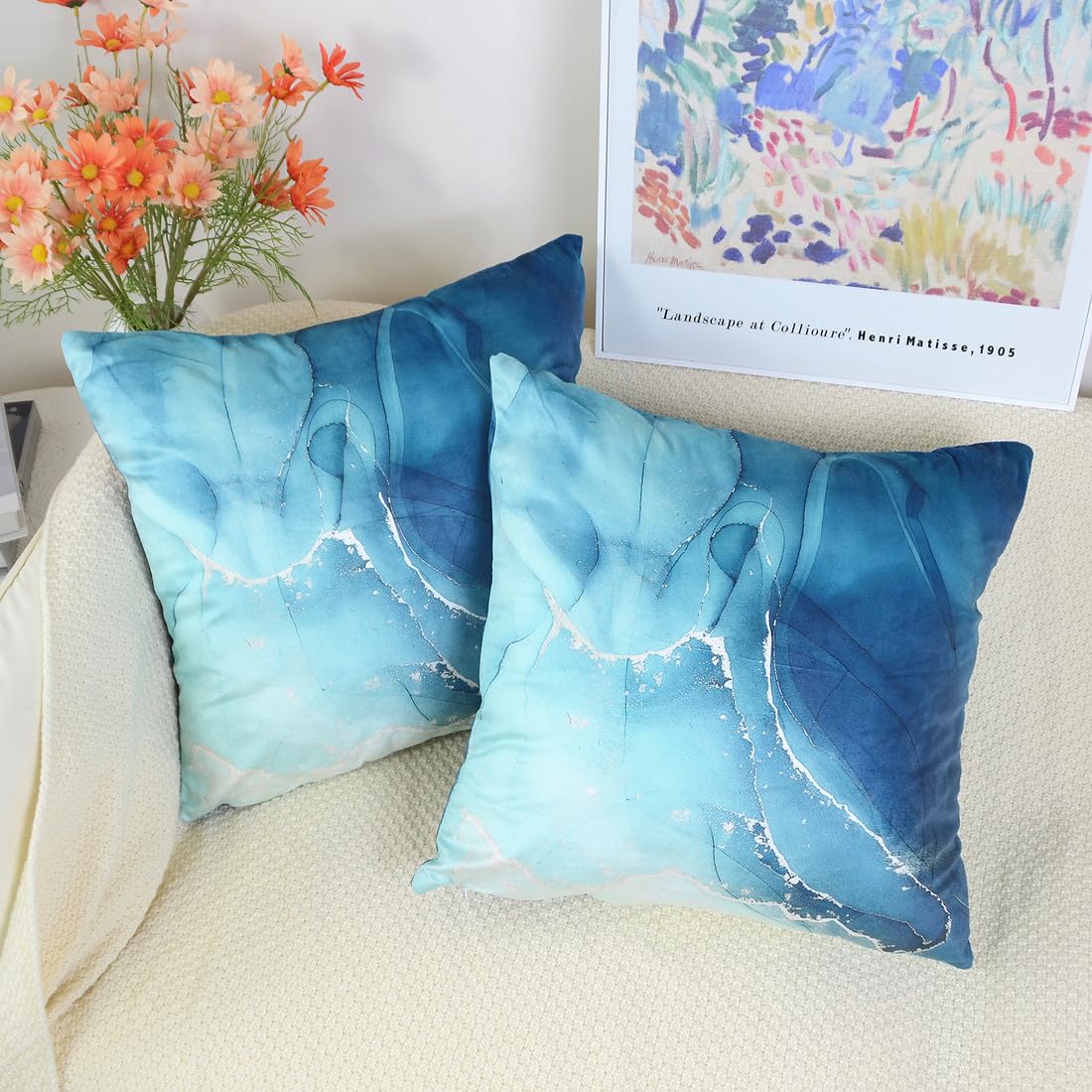 QUALKNOY Set of 2 Velvet Blue Teal Cushion Covers 18"x18" Modern Art Abstract Throw Pillow Case 45 x 45 cm for Living Room Sofa Bed Outdoor Garden Home Decor Pillowcases - Image 2