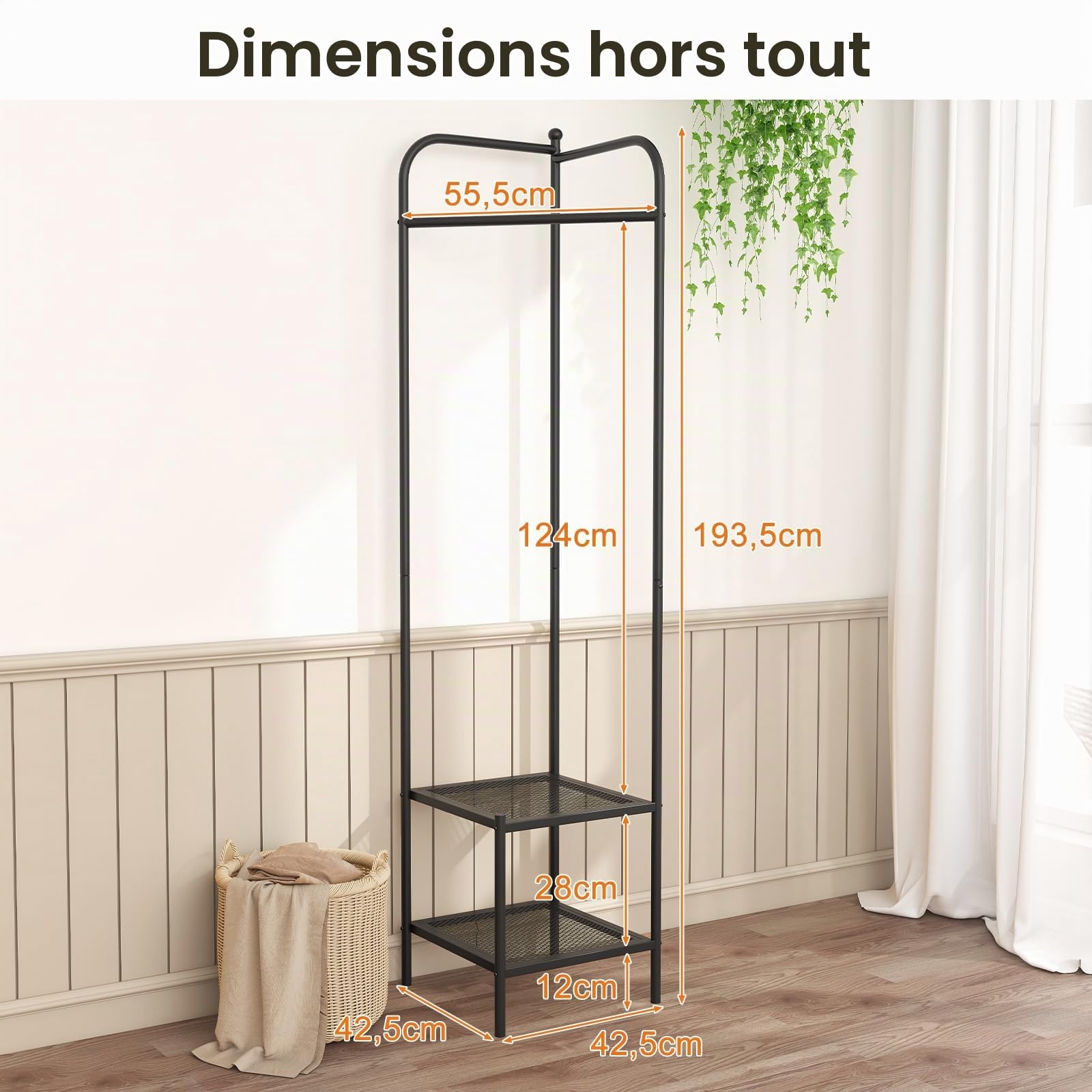 COSTWAY Porte Manteau sur Pieds, Portant a Vetement Solide avec Cintre Supérieur et 2 Étagères en Maille, Kits Anti-Basculement, Vestiaire d'Entrée, Hauteur 193,5 cm, pour Entrée, Chambre (Noir)