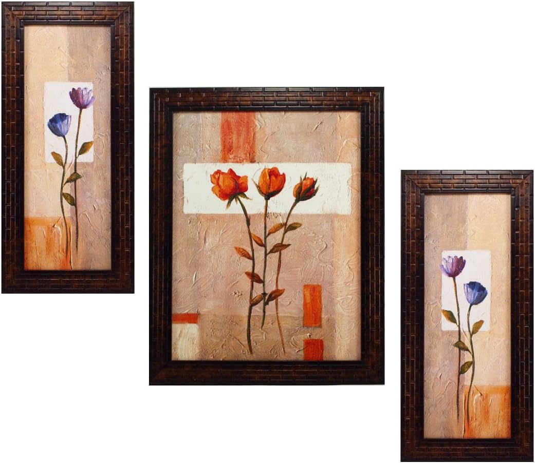 Indianara 3 PC Set of Floral Paintings (1091a) Without Glass 5.2 X 12.5, 9.5 X 12.5, 5.2 X 12.5 INCH