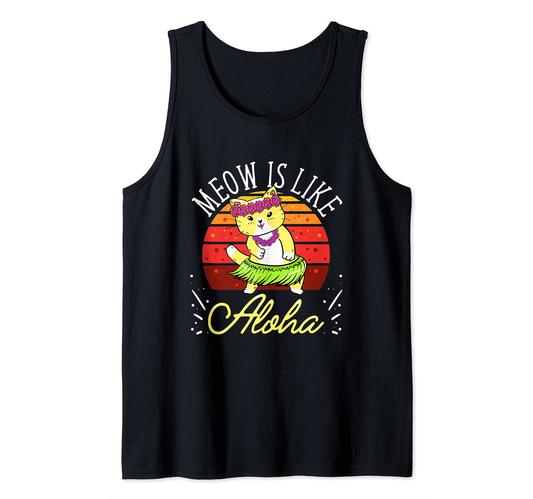 Meow Is Like Aloha Cat Hawaiian Dance Hula Kitty Funny Cat Tank Top, Black