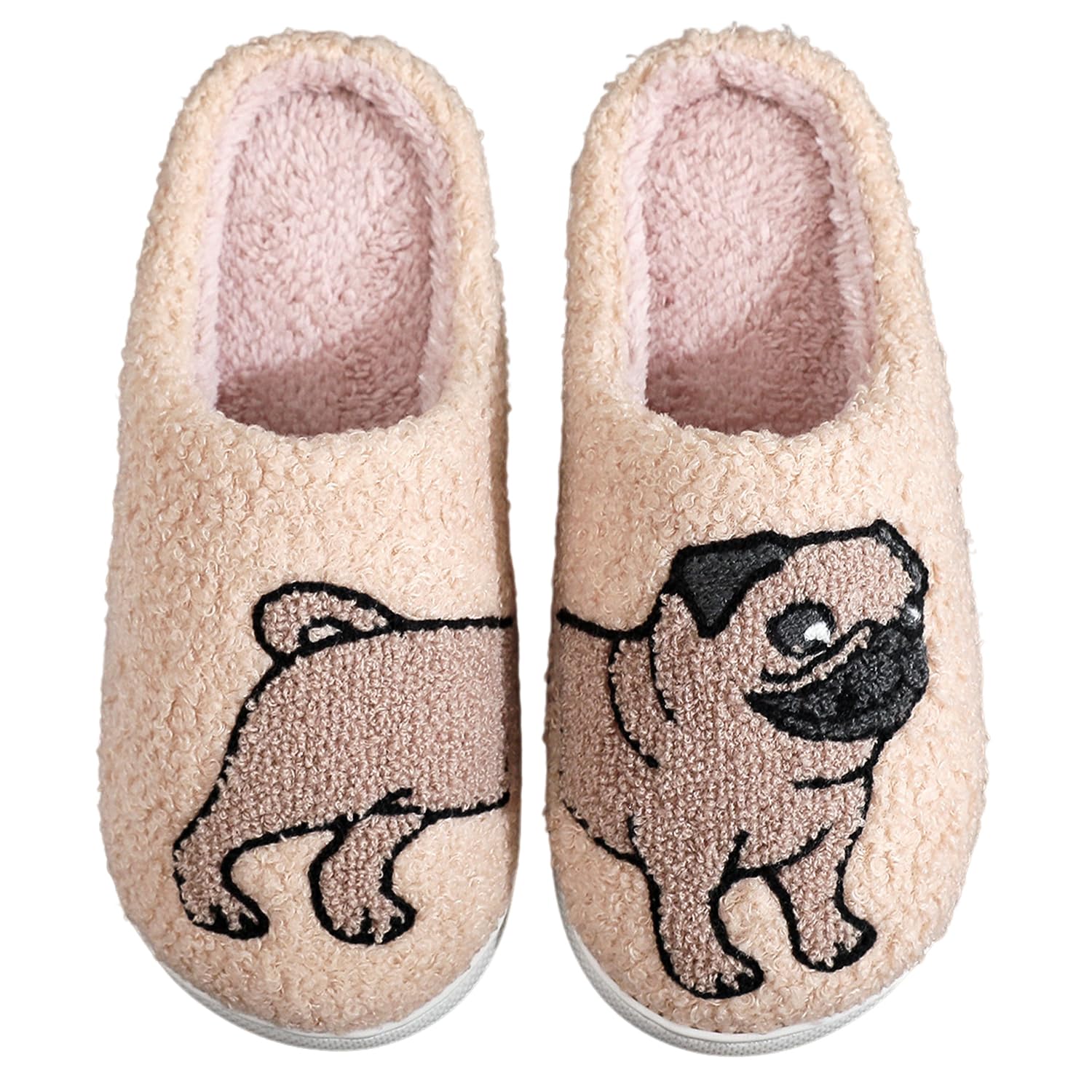 OJXTRDE Niedliche Mops Hausschuhe Frauen Männer Fuzzy Memory Foam Cartoon Tier Hausschuhe Neuheit Lustige Hund Hausschuhe Winter Warm Plüsch Hausschuhe