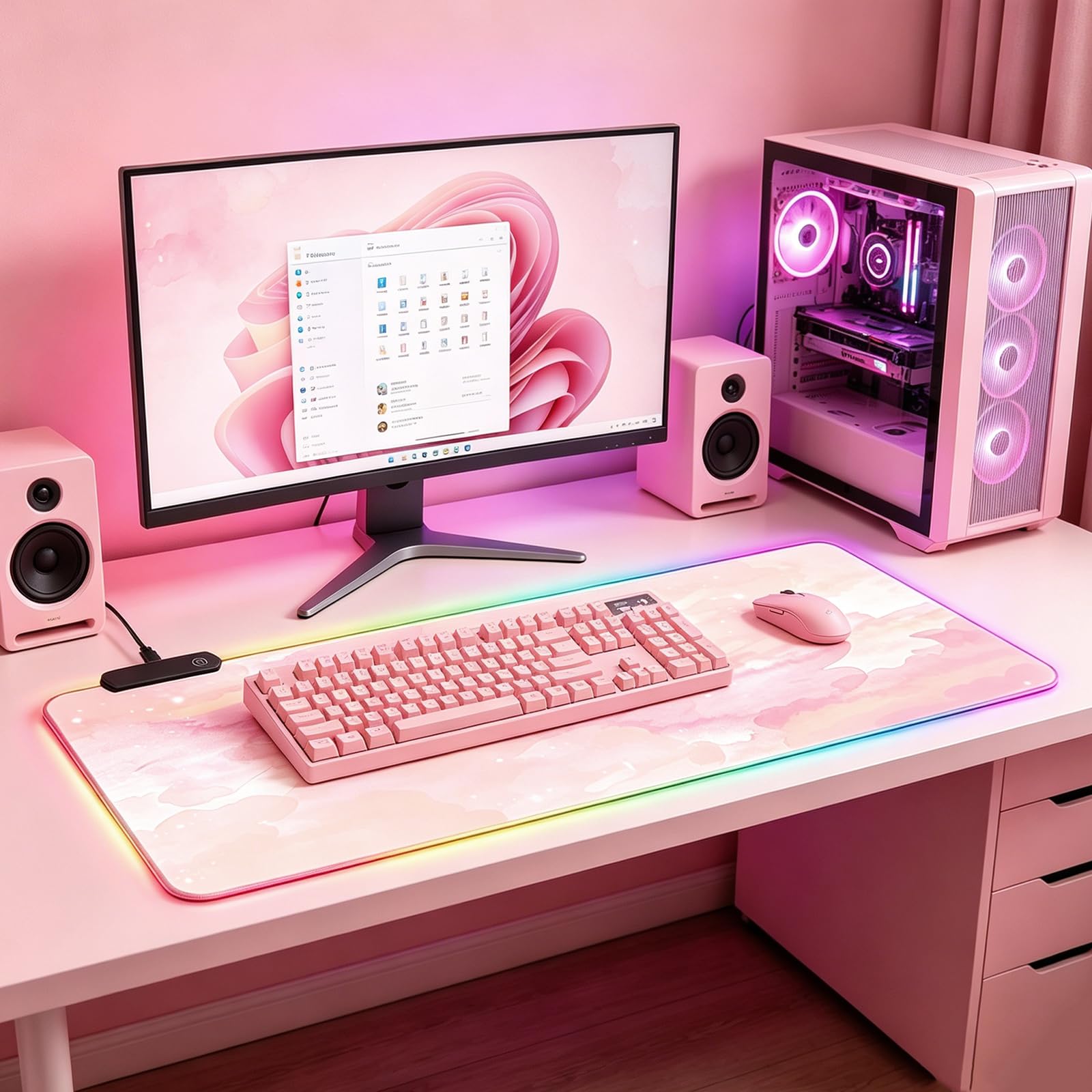 RGB, duża gamingowa podkładka pod mysz, rozszerzona podkładka pod mysz z 12 efektami świetlnymi, wodoodporna powierzchnia Mutispandex, antypoślizgowa gumowa podstawa, 80 x 30 cm (różowa mgławica)