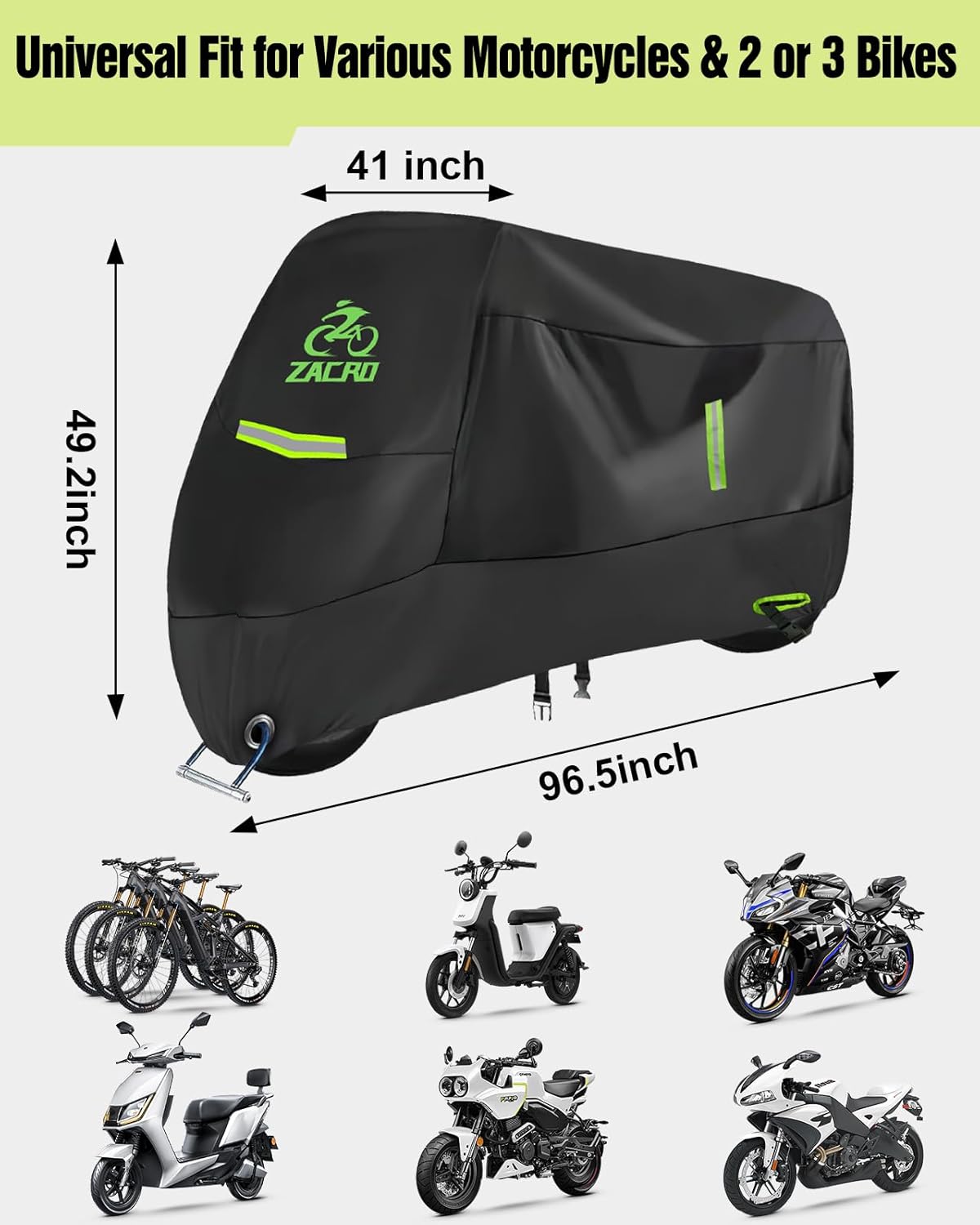 Zacro 420D Motorcycle Cover - Waterproof Outdoor Protection for All Seasons, Tear Proof with Reflective Strips & Lock Hole | Fits Moped Cover and Motorcycles Up to 96"" - Image 3