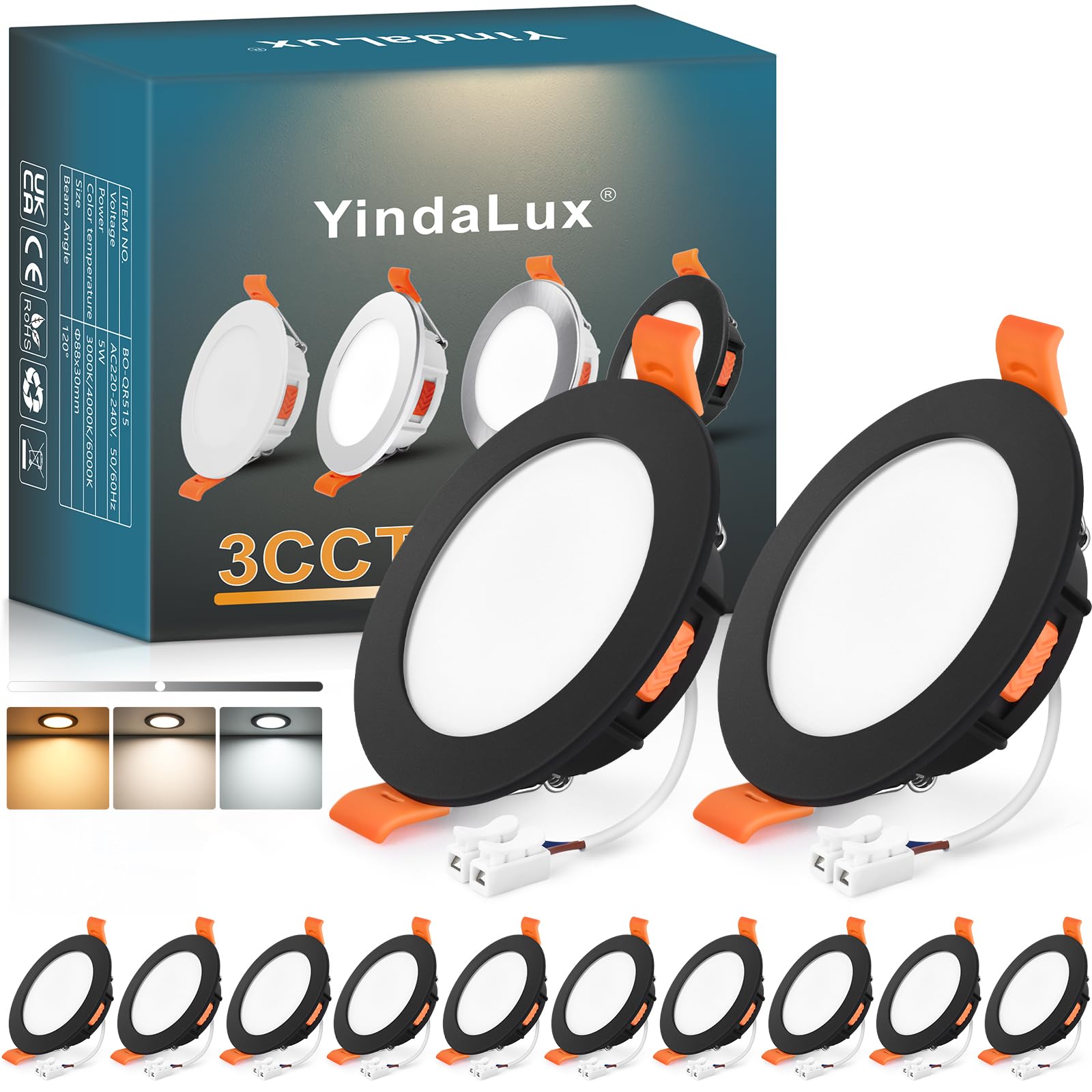 YindaLux Recessed LED Spotlight 230V Dimmable 5W 550LM – Black Ceiling Spot, 68mm Hole Size, IP44 Bathroom Recessed Lighting – Warm 3000K | Neutral 4000K | Cool 6000K (12-Piece Set)