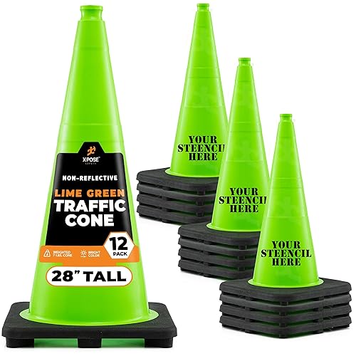 Miniatura 89 de Xpose Safety Cono de tráfico verde lima de 28 pulgadas, paquete de 4, cono de seguridad de PVC de alta calidad para estacionamiento, precaución