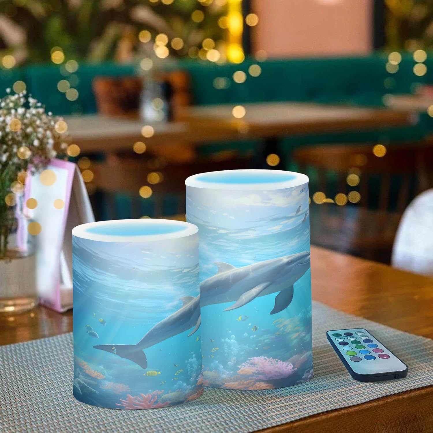 ALAZA Undersea Dolphin Flameless Candles, LED Pillar Candles with Remote Timer, Battery Operated Candles Set of 2