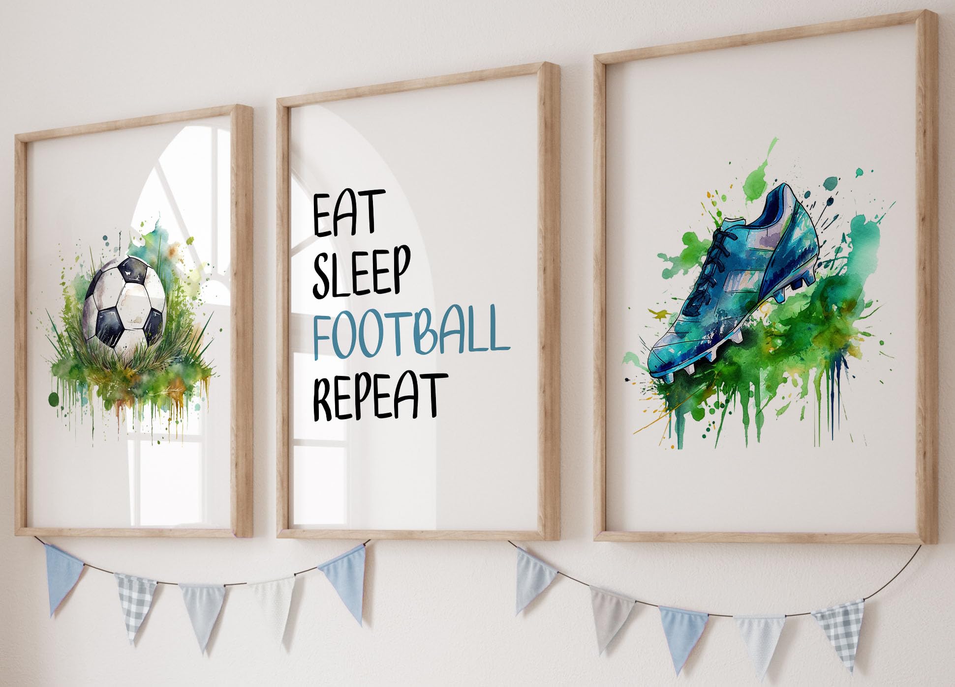 Unframed Football Prints Set, Boots & Ball with 'Eat Sleep Football Repeat' Quote, Green Watercolour Splash - Boys/Girls Soccer Wall Art, Decor (A3) — image 1