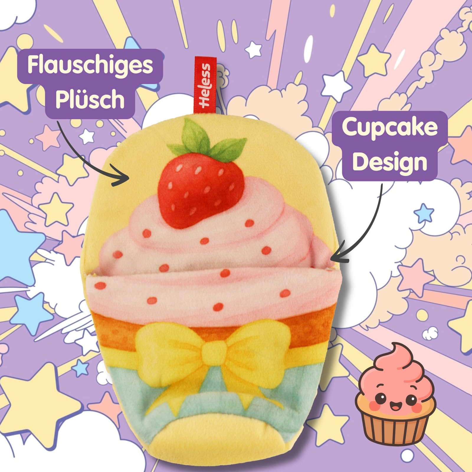 Heless Monster Styles 7524 - Saco de Dormir para muñecas con diseño de Cupcake con Fresa, con Lazo, Set Kawaii para Monstruos de 15 cm