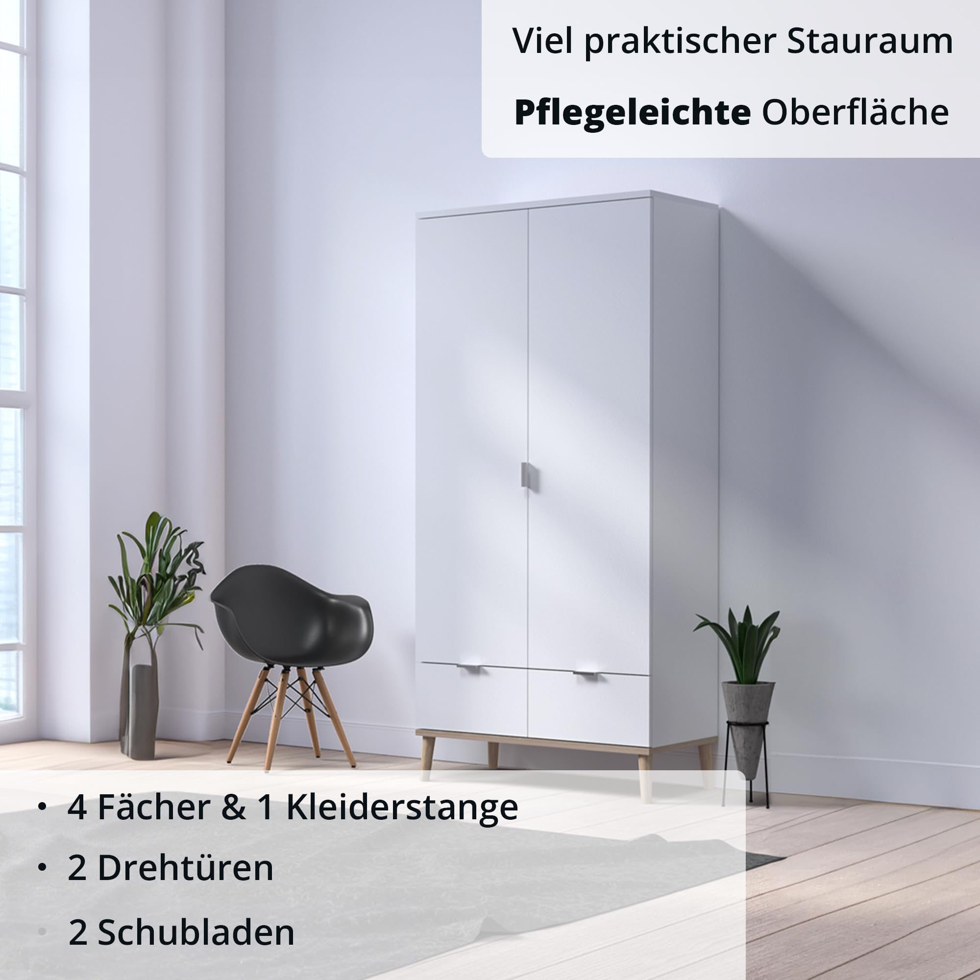 KHG Kleiderschrank 2-türig mit 2 Schubladen Scandi, Schublade, Tür | Sideboard aus Holzwerkstoff weiß foliert für Schlafzimmer, inkl. Kleiderstange 90x180x55 cm (B/H/T), für Stauraum
