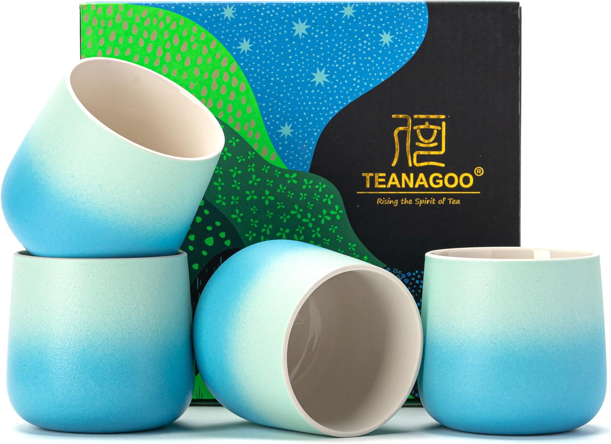 TEANAGOO Japanese Tea Cup, 7.2Oz / 205 ml, Japansese Cups,Chinese Tea Cups, Asian Tea Cups No Handles, Ceramic Cup For Japanese, Blue White Gradient, 4 Pcs/Box, H31
