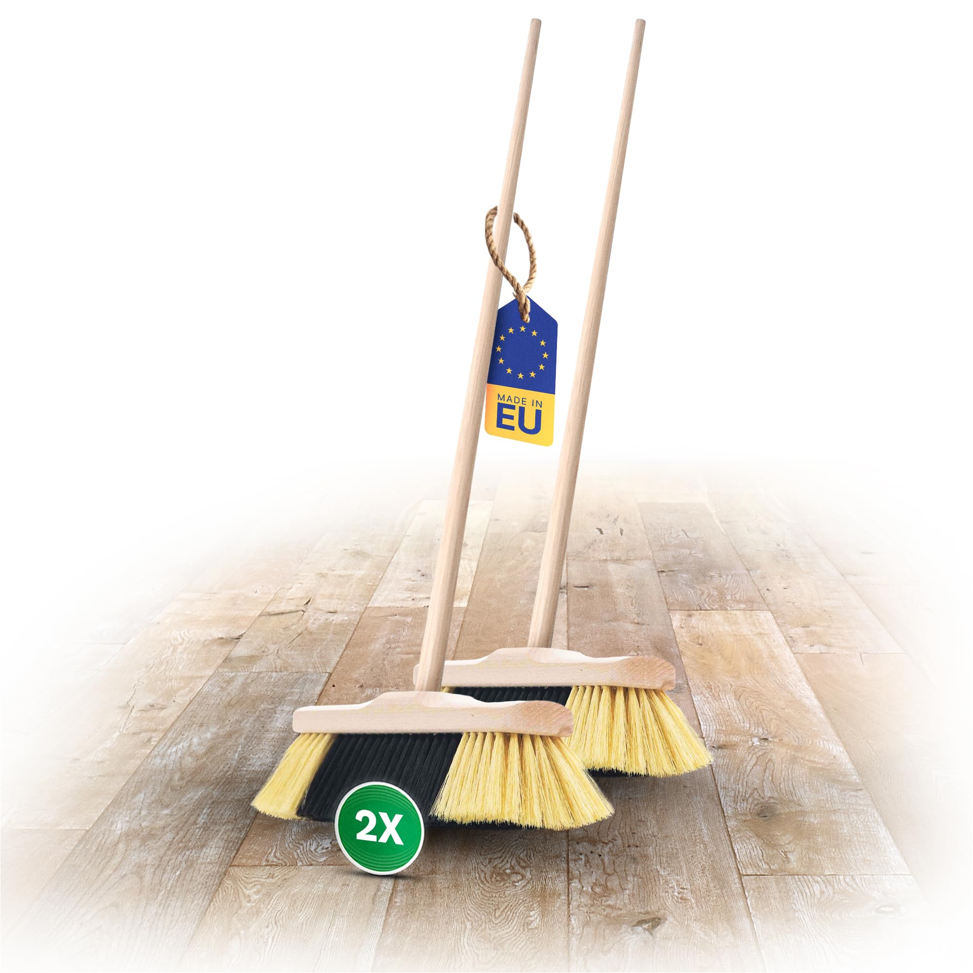 Novaliv Juego de 2 escobas de habitación con mango de cerdas finas de plástico, cerdas suaves y densas, escobas de madera con mango de madera, cerdas artificiales de polipropileno para laminado y