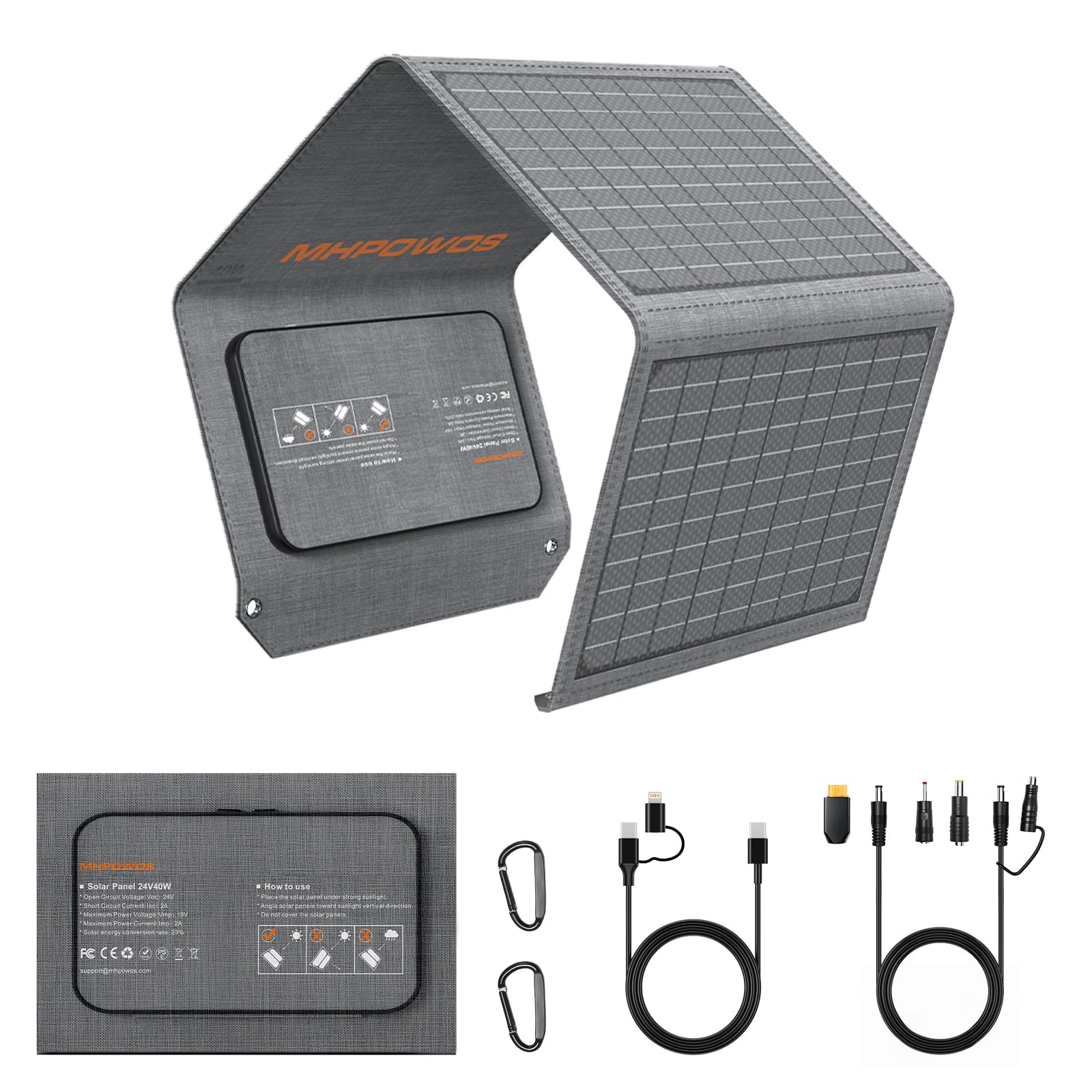 Panneau solaire pliable 40 W 19 V Chargeur solaire portable avec sorties USB C, USB A et DC, mini chargeur de taille livre pour iPhone, iPad, batterie externe, camping, randonnée, voyage en
