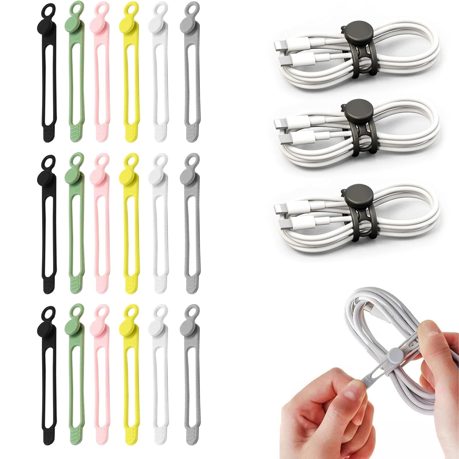 18Pcs Data Cable Organizer, Reusable Silicone Cable Straps, Organizer Multipurpose Elastic Cord Straps, for Bundling Appliances Charging Cords Earphone Cables (Pink,Black,Gray,White,Yellow,Green)