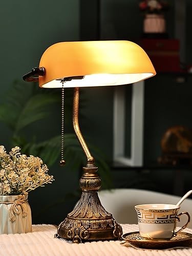 Miniatura 3 de Newrays Lámpara de escritorio vintage de cristal ámbar para oficina en casa, biblioteca con interruptor de cadena de tracción, bombilla LED incluida