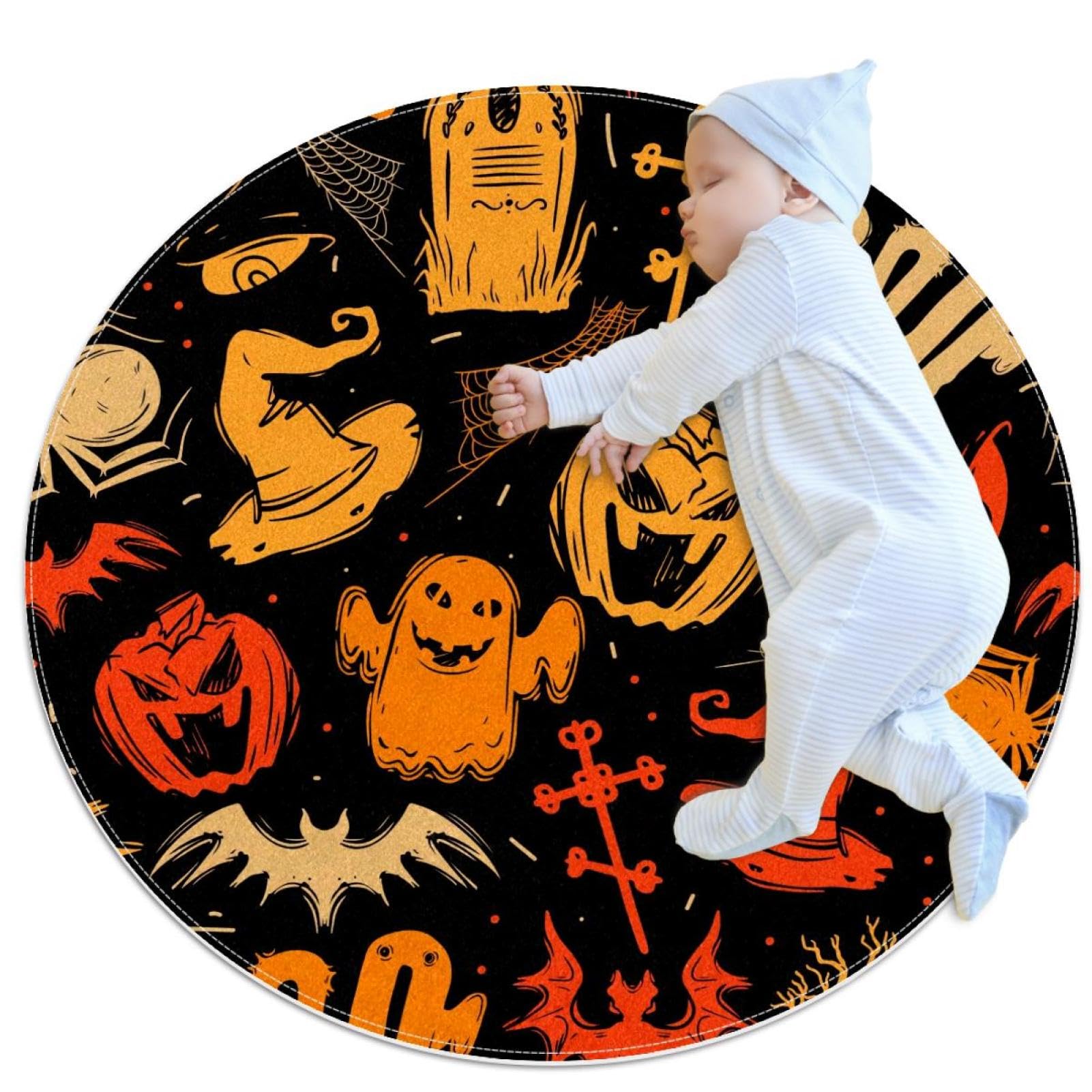 Tapis de salle de bain Halloween rond 1m | Décoration fantôme et citrouille antidérapante