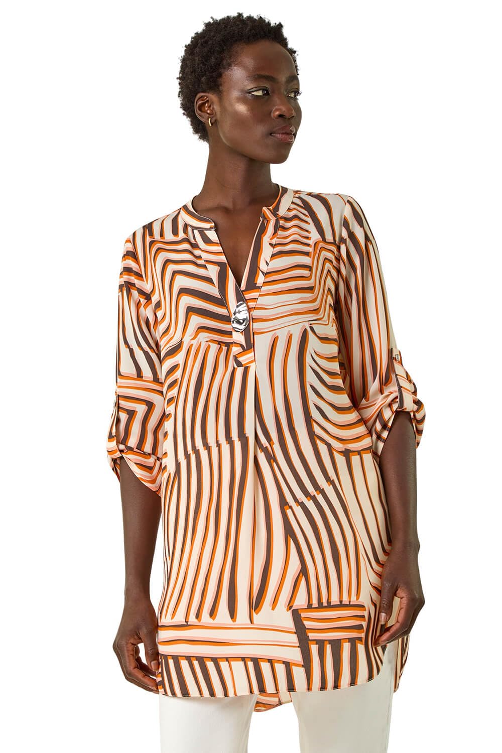 Roman Women's Orange Abstract Linear Print V-Neck Button Top In | Size: 18