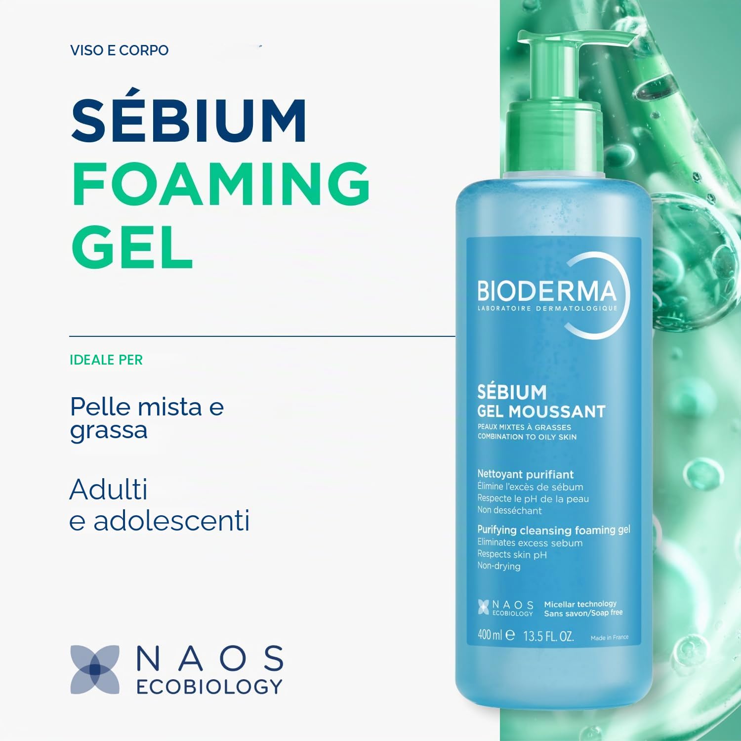 BIODERMA Sebium Gel schiumogeno – Detergente purificante delicato – Rimuove sebo in eccesso e impurità – Pelle mista a grassa – prescritta dai dermatologi – Flacone pompa 400 ml