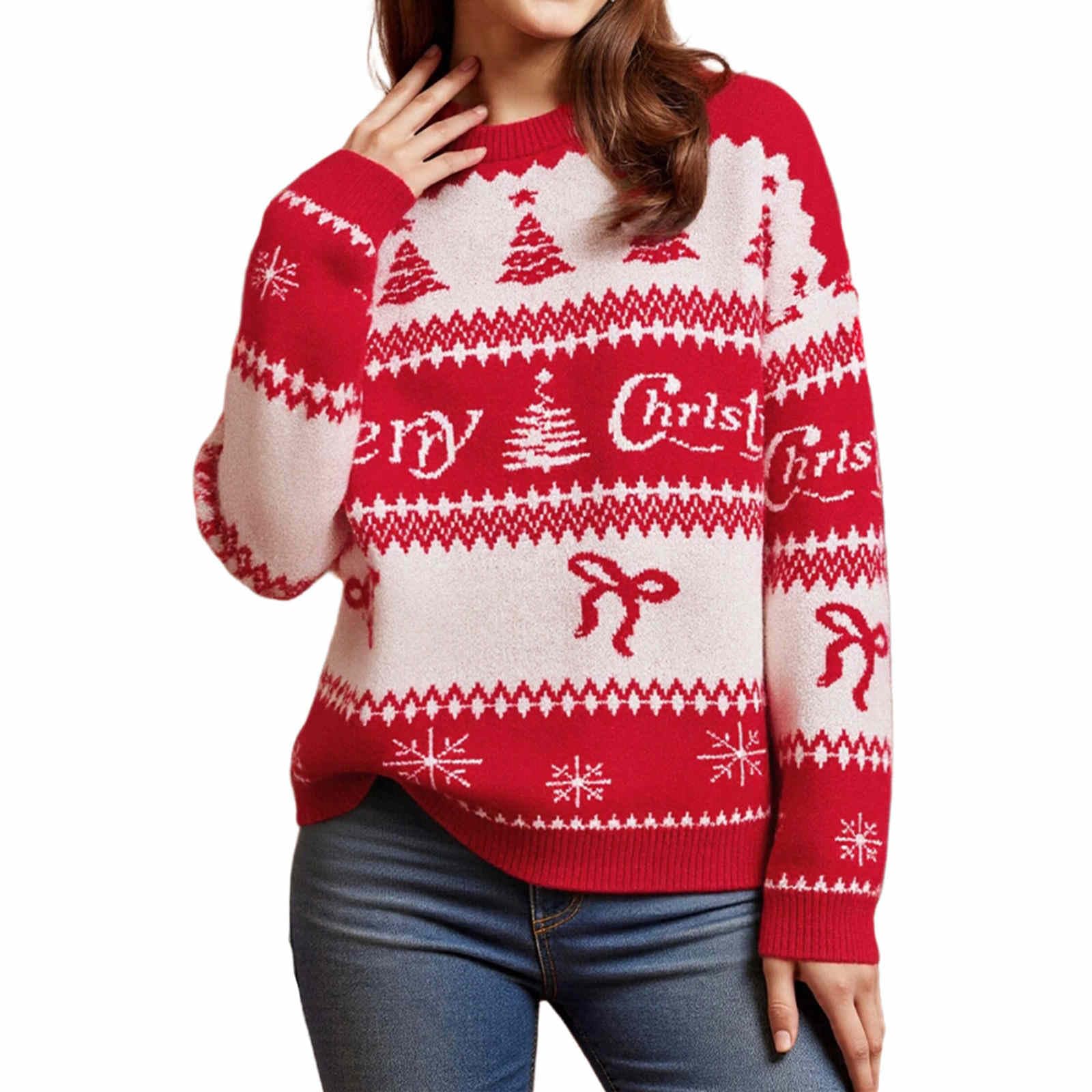 Women Christmas Sweater Christmas Tree Print Pullover Xmas Sweaters Knitted Sweatshirt Tops