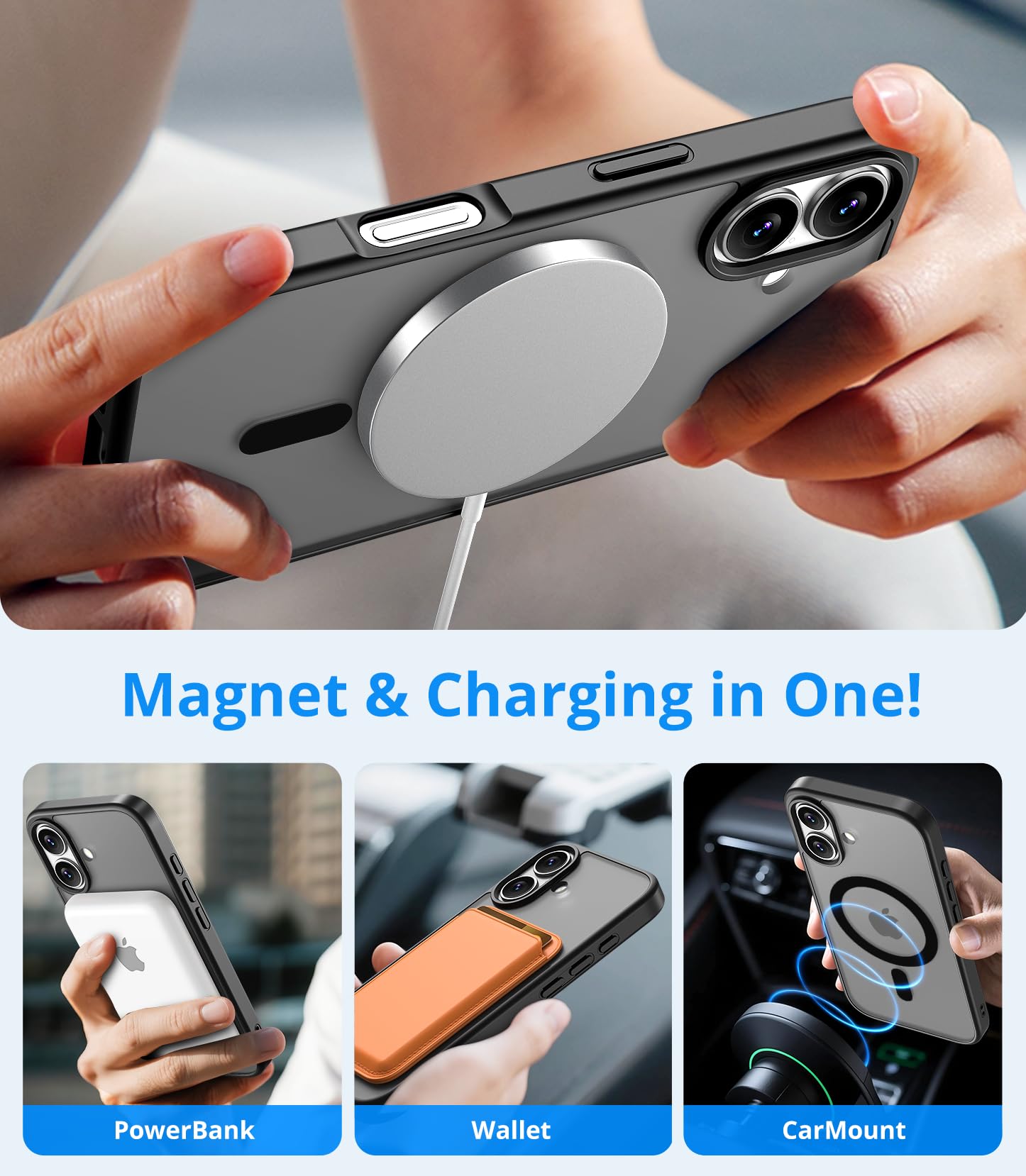 Vansdon Cover Magnetica per iPhone 17 con 1 Pezzi Vetro Temperato, Compatibile con Magsafe, Protezione anticaduta di livello militare, Custodia Traslucida Opaca Sottile Antiurto-Nero