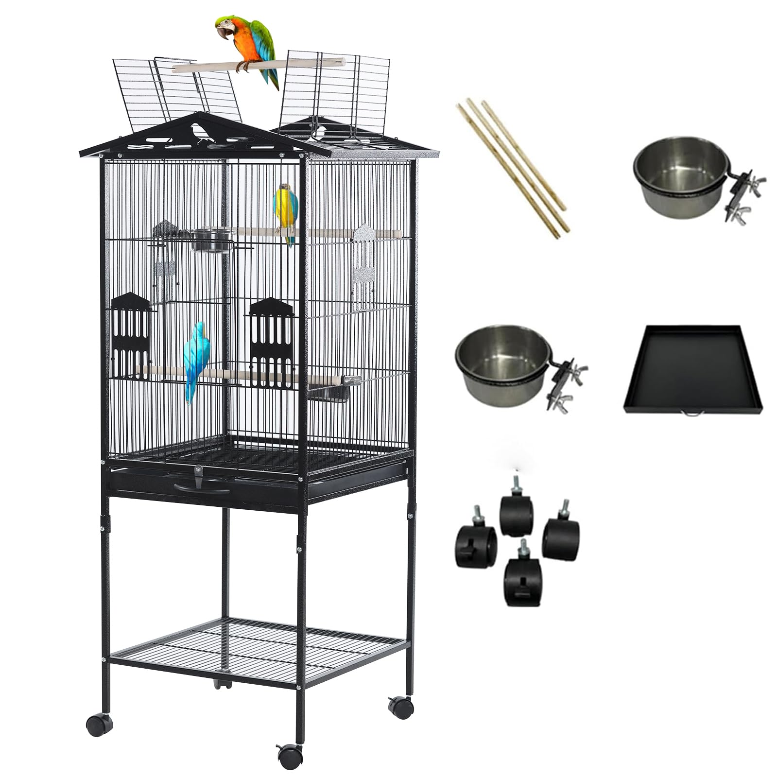 INGUNAR 52'' Large Metal Bird Cage with Open Top, Standing Parrot/Parakeet Cage, Bird Flight Cage with Rolling Stand and Bottom Tray, Bird Villa House with 2 Stainless Steel Feeding Cups for Birds