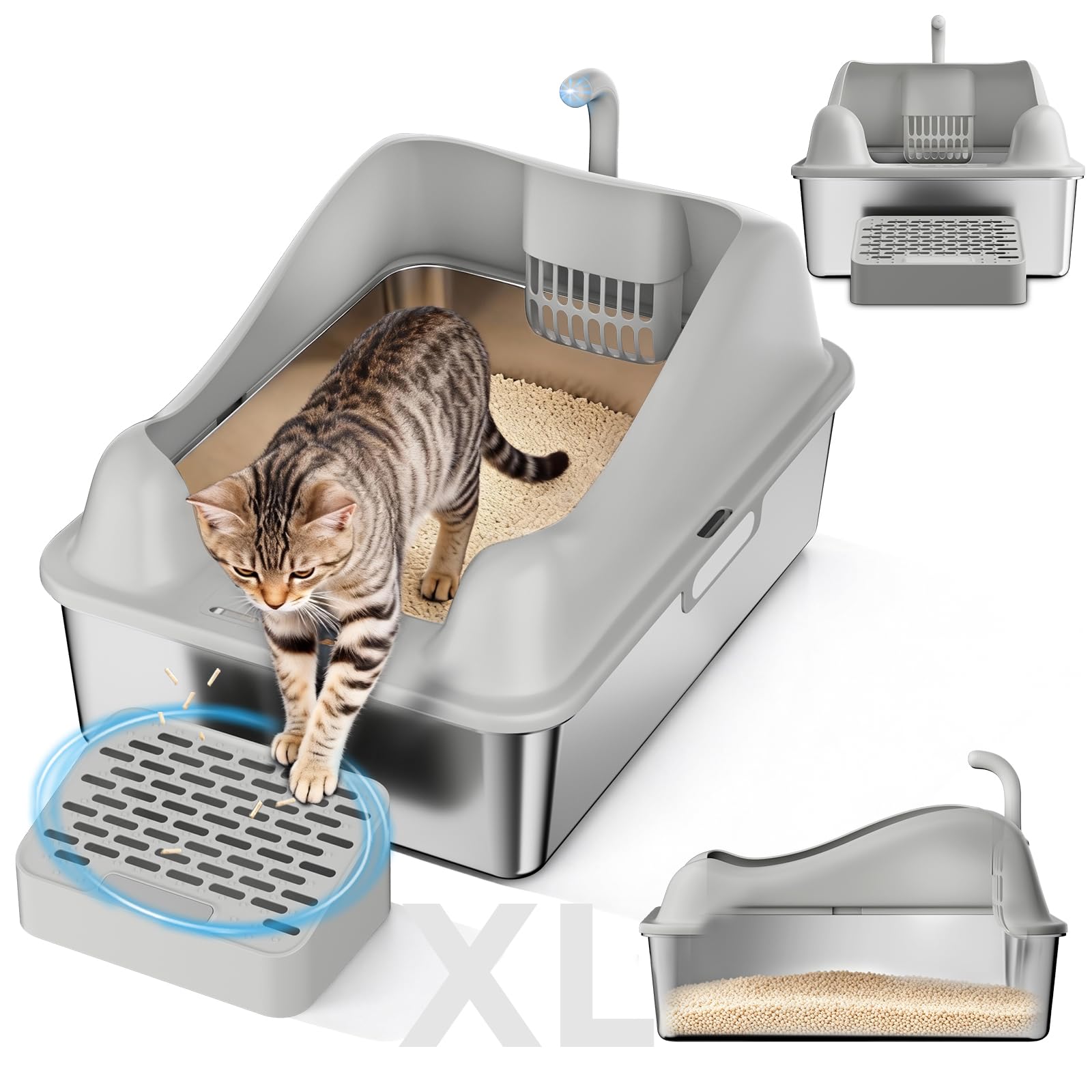 GTPLAYER Stainless Steel Cat Litter Box XL - Extra Large High-Sided Open-Top Metal Litter Box for Large & Multi-Cat Homes, Splash Guard, Low Entry, Easy Clean 304 Steel with Step, Mat & Scoop, Grey