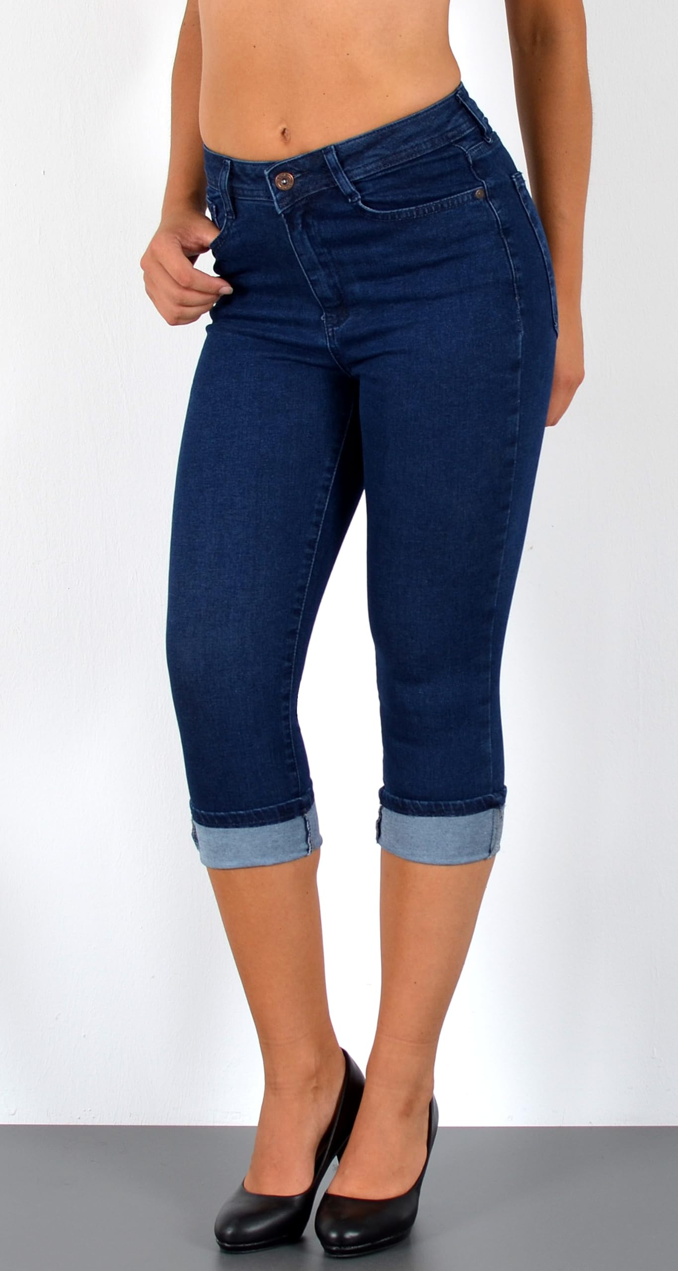 ESRA Damen Capri Hose Damen High Waist Caprihose Kurze Jeans Hose hoher Bund bis Übergröße C21