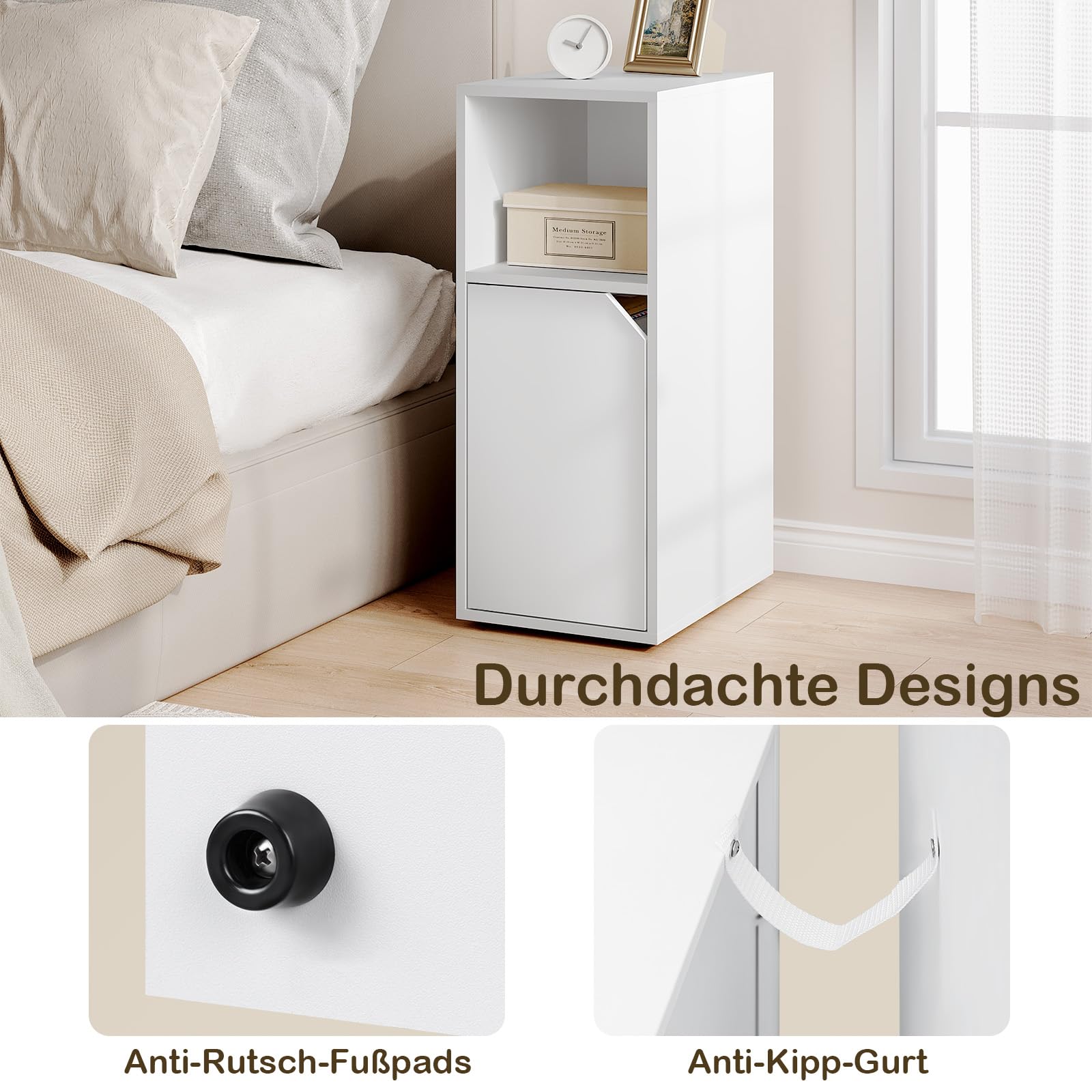 WOLTU Nachttisch schmal, Beistelltisch mit offenem Fach und Tür, Verstellbarer Ablage, 25x62x35 cm, Nachtschrank Bett, Nachtkästchen Nachtkommode modern, für Schlafzimmer, Weiß, NTS16ws