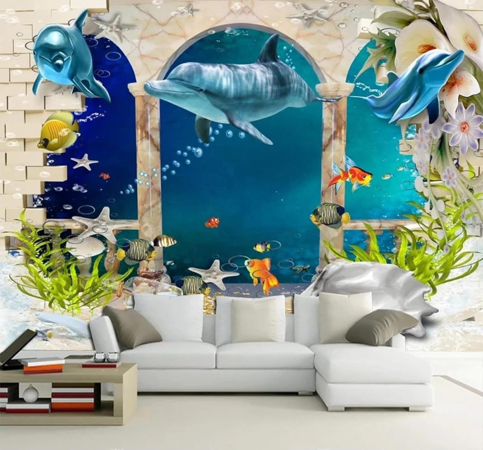 XLMING Cartoon Underwater World Ocean Dolphins Brick Wall 3D Wallpaper Premium Textured Silk Study Dining Living Room Bedroom Sofa TV Wall Easy Install-350cm×256cm
