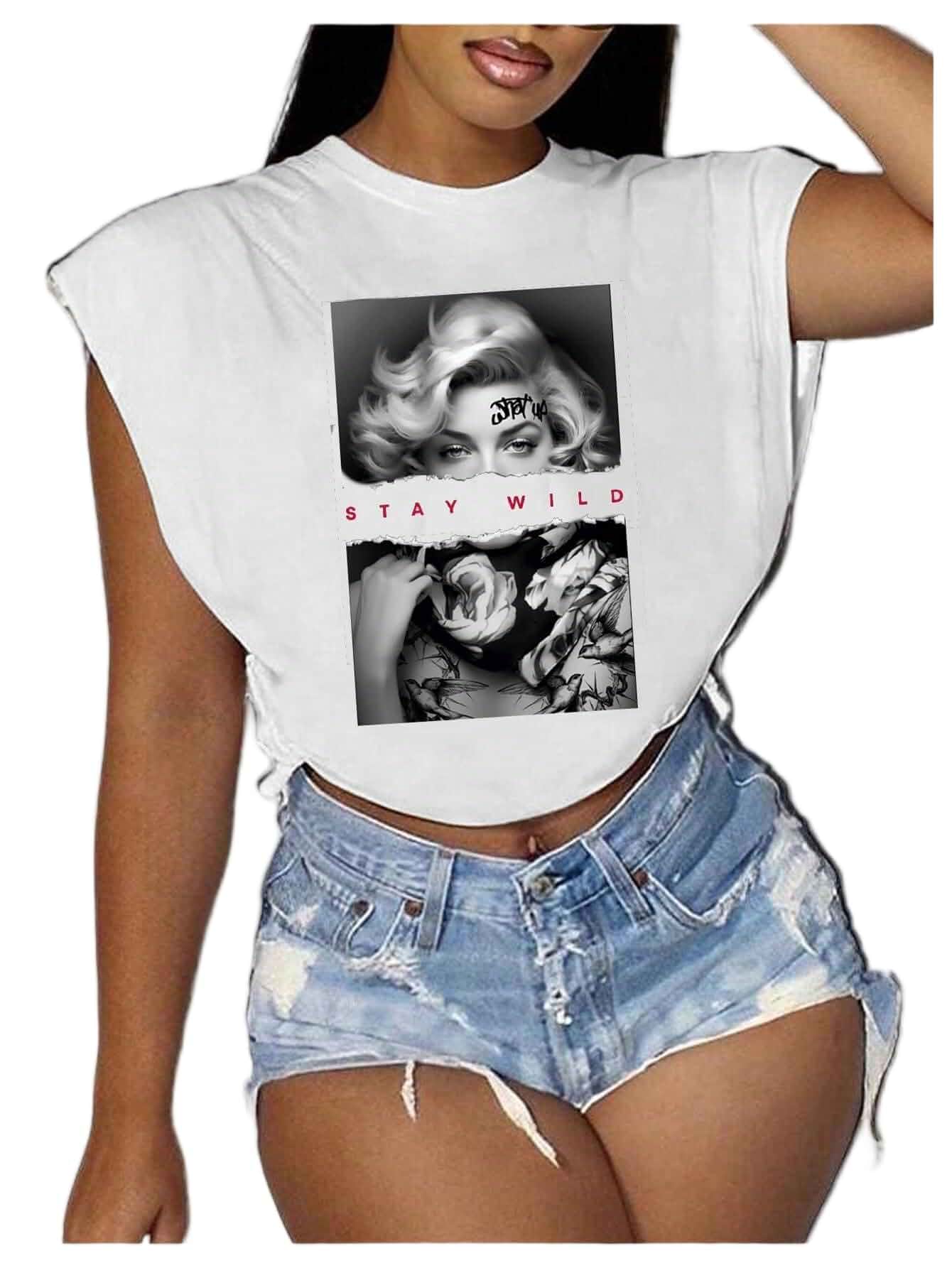 WDIRARA Women's Graphic Print Cap Sleeve Crop Top Tee | Crewneck,Oversized Short Sleeve Tee, Y2k T Shirt