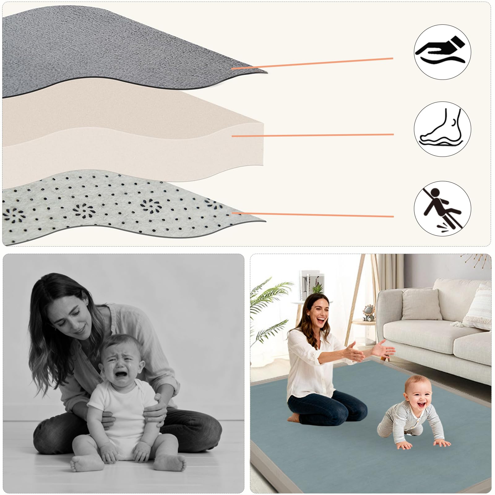 Tapis d'Éveil Antidérapant, 2 CM Épaisseur Tapis d’Éveil et Matelas pour Parc Bébé, Mousse Mémoire Haute Qualité pour Bébé et Enfant Tapis de Jeux, Cadeau bébé Bleu Gris 120 x 120cm