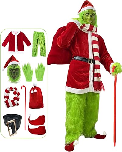 Christmas Santa Claus Costume Green Furry Monster Suits Outfit Santa Coat Cosplay Mask Halloween Christmas Costumes for Men