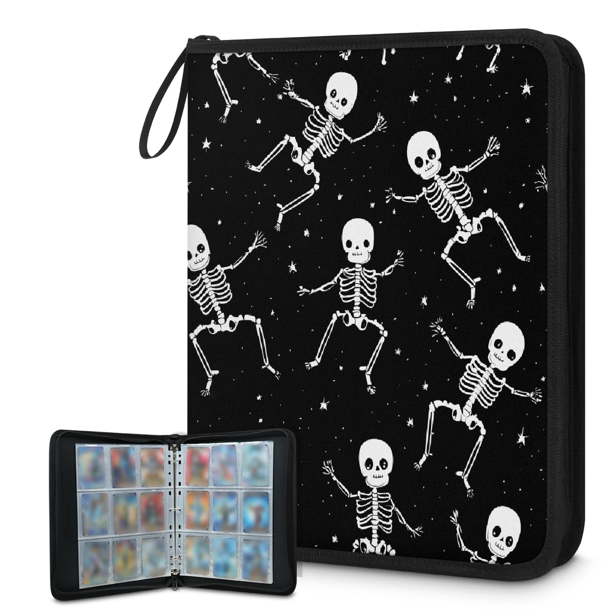 Classeur pour cartes à collectionner - 9 poches - Motif tête de mort - Pour Halloween - Gothique - Squelette - Avec pochettes amovibles - Étanche - Avec fermeture éclair - Capacité de 50 pages