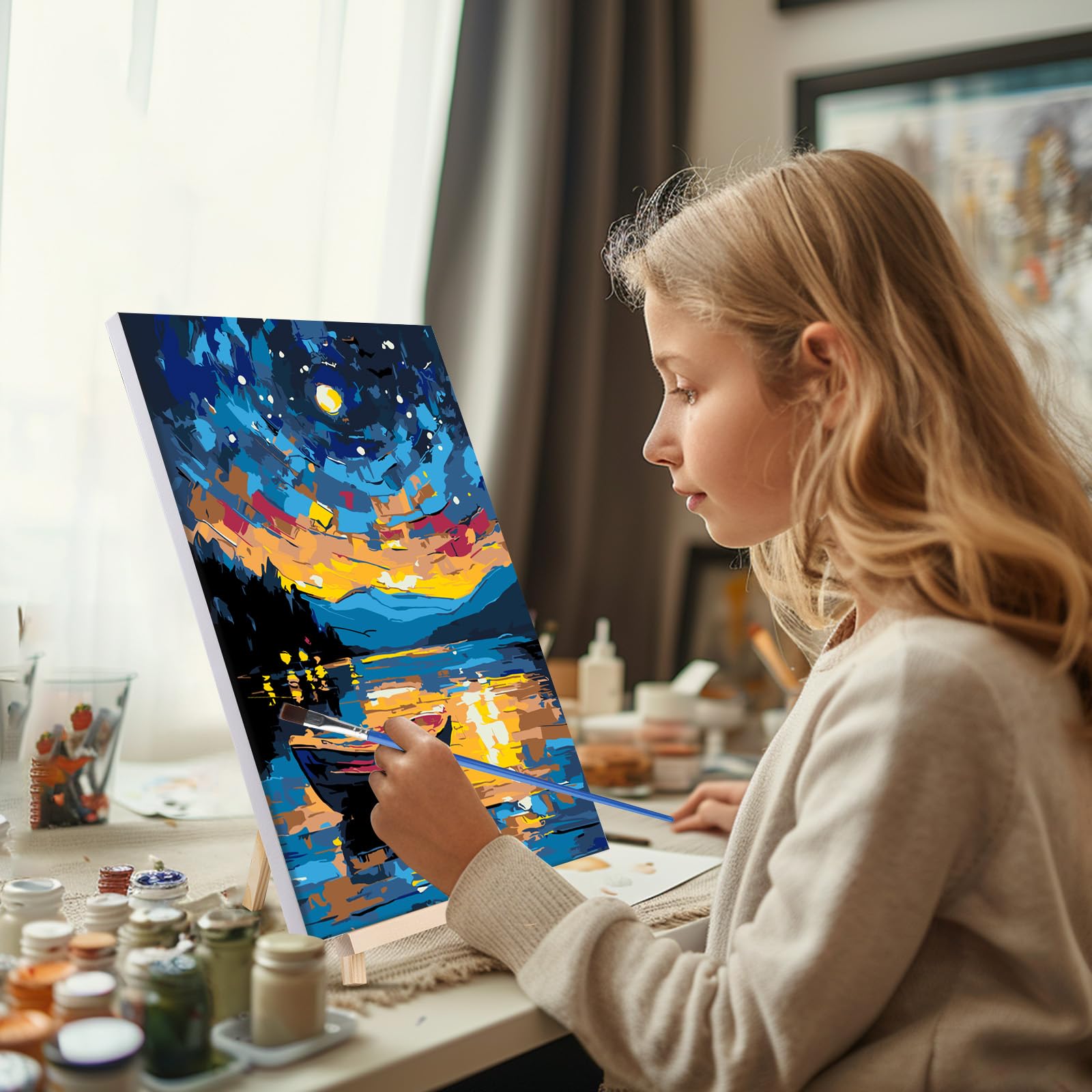 Lxmsja Framed Paint by Numbers for Adults Beginner with Wooden Easel, Landscape Painting by Numbers for Adults on Canvas, DIY Acrylic Painting Kit Art and Crafts for Home Wall Decor, 8x12inch - Image 4