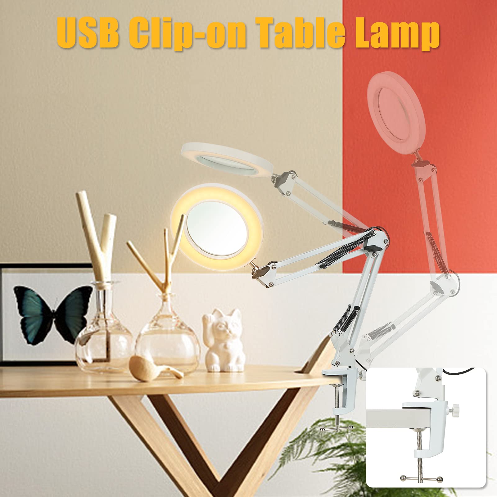 Lupa Lampa biurkowa 10X Obiektyw 64 diody LED 3 tryby ściemniania zasilanie USB bez użycia rąk lupa z klipsem do naprawy rękodzieła czytania hobby zamknięcie praca biała UC39