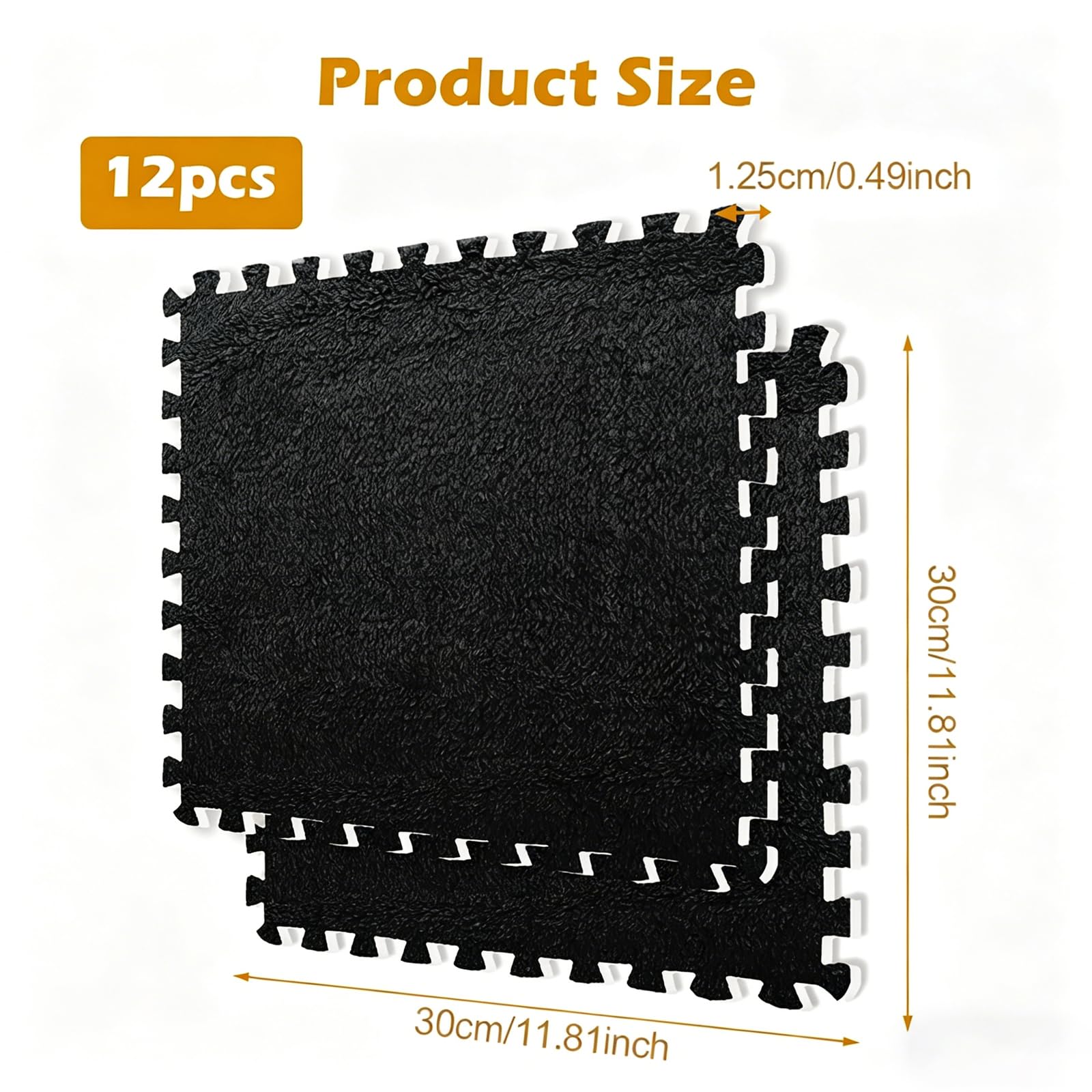 12 tappetini in schiuma di peluche a incastro, 30 x 30 cm, per piastrelle, puzzle, per soggiorno, camera da letto, colore nero