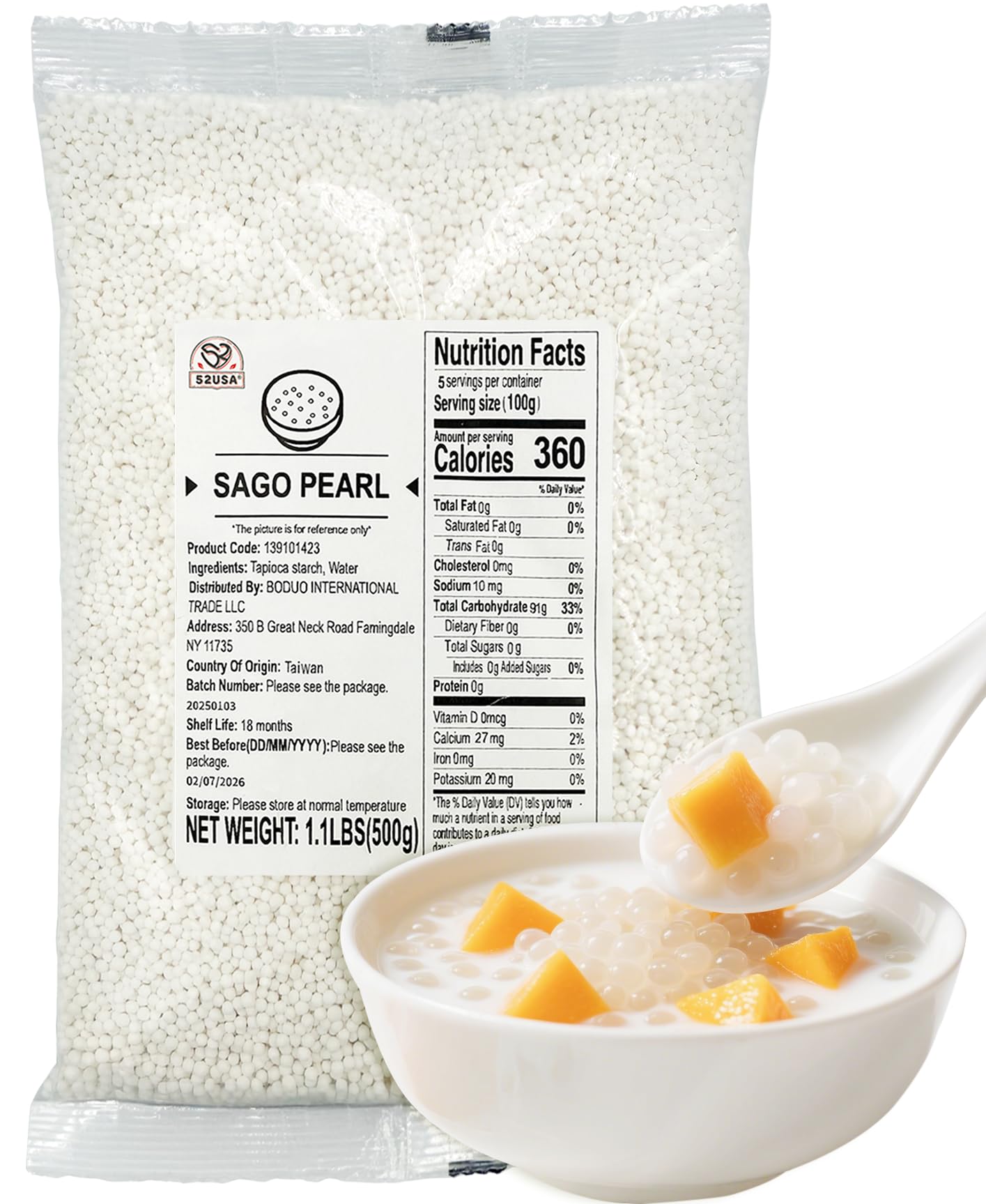 52USA Sago Pearls, Small Tapioca Pearls 1.1 lbs (500g) – White Sago for Desserts and Bubble Milk Tea, All-Natural, Vegan, Non-GMO, Gluten-Free