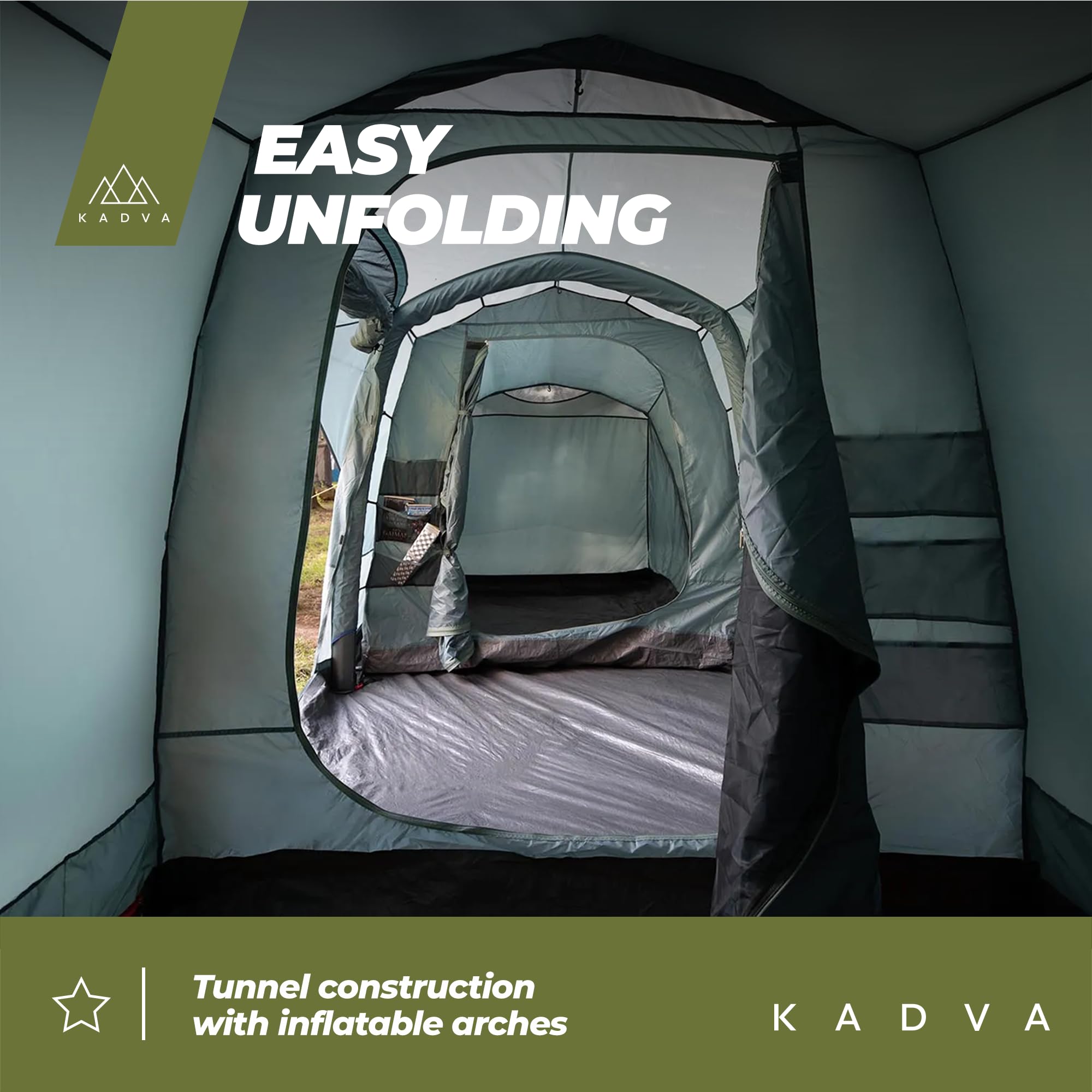 KADVA Namiot kempingowy Aircamp dla 6,33 osób, z pompką, konstrukcja tunelowa, 590 x 205 x 195 cm, wodoszczelność 3000 mm, przestronny daszek nad wejściem, duża powierzchnia do spania, kolor zielony | Wodoodporny, poliester, wymiary 205 x 230 cm, waga 17