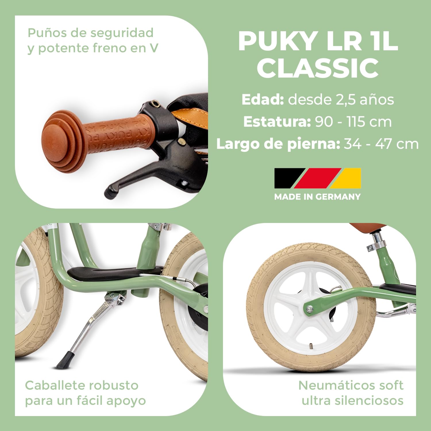 PUKY LR L Classic Retro Green | Bicicleta de aprendizaje 2 1/2 años | Bicicleta infantil con freno | Balance Bike | Asiento ergonómico, asas de seguridad y acolchado para manillar | Sillín y manillar
