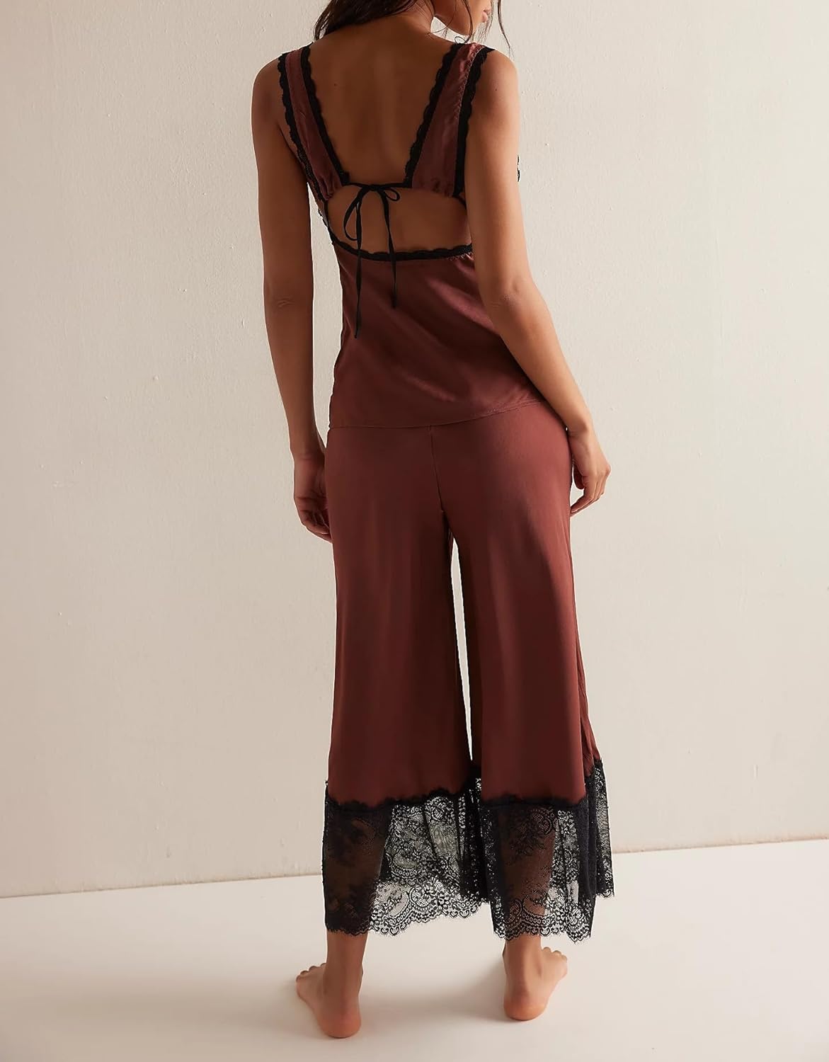 Womens 2 Piece Lace Patchwork Satin Going Out Matching Outfits Sets Y2k Boho Cute Going Out Cami Pants 2pc Set - Image 2