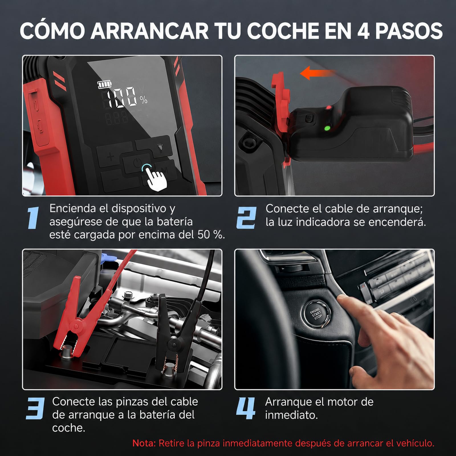 RSH Arrancador de Baterías de Coche 4000A con Compresor de Aire 150PSI – Jump Starter Portátil 12V 10000mAh para 9,0L Gasolina y 6,5L Diésel – Pantalla LCD, Linterna LED, Carga USB 18W