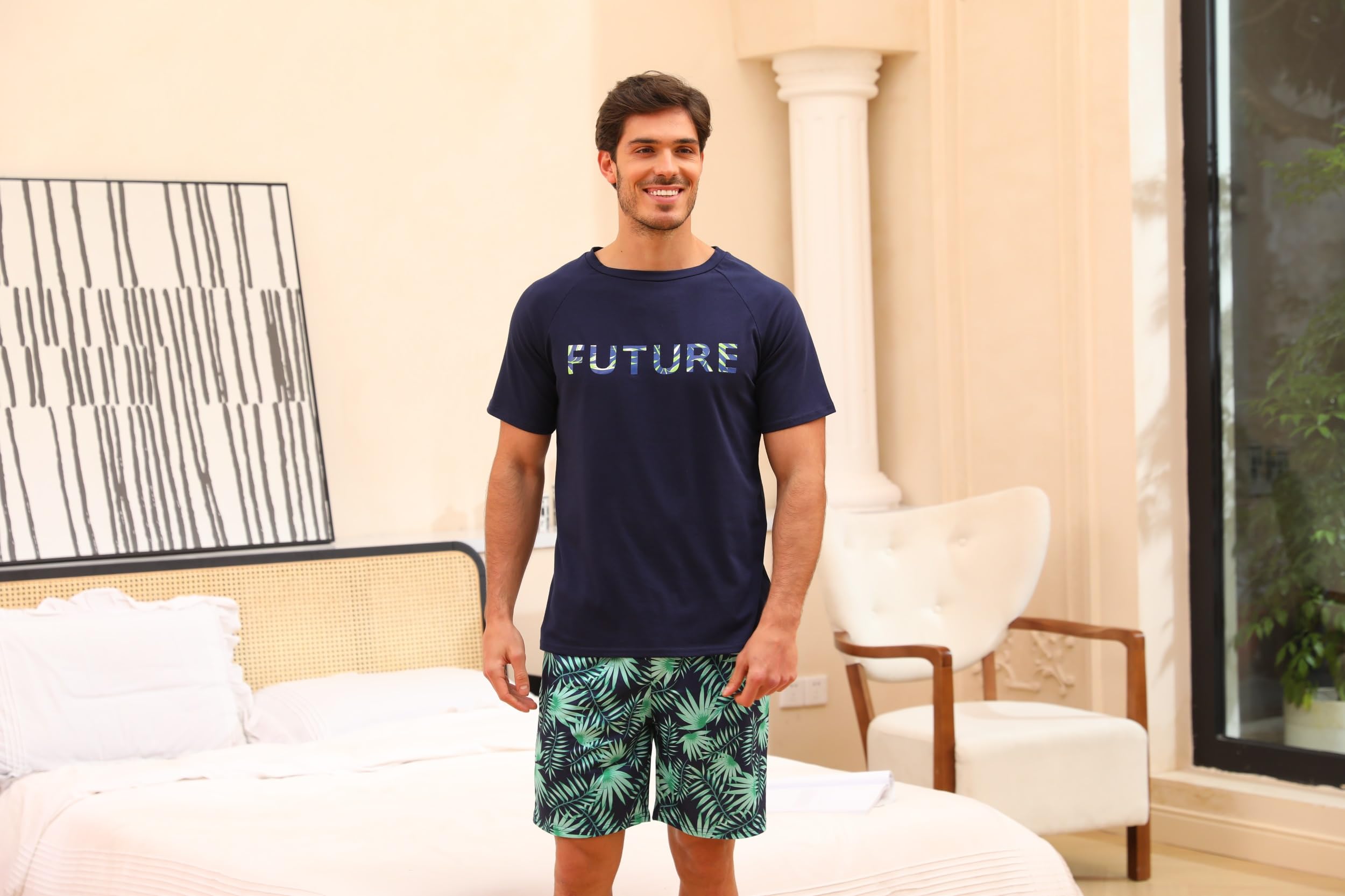Nieery Pijamas Hombre Verano Conjunto Manga Corta Camiseta Cuello Redondo Pantalones Cortos Camuflaje con Bolsillos S-3XL
