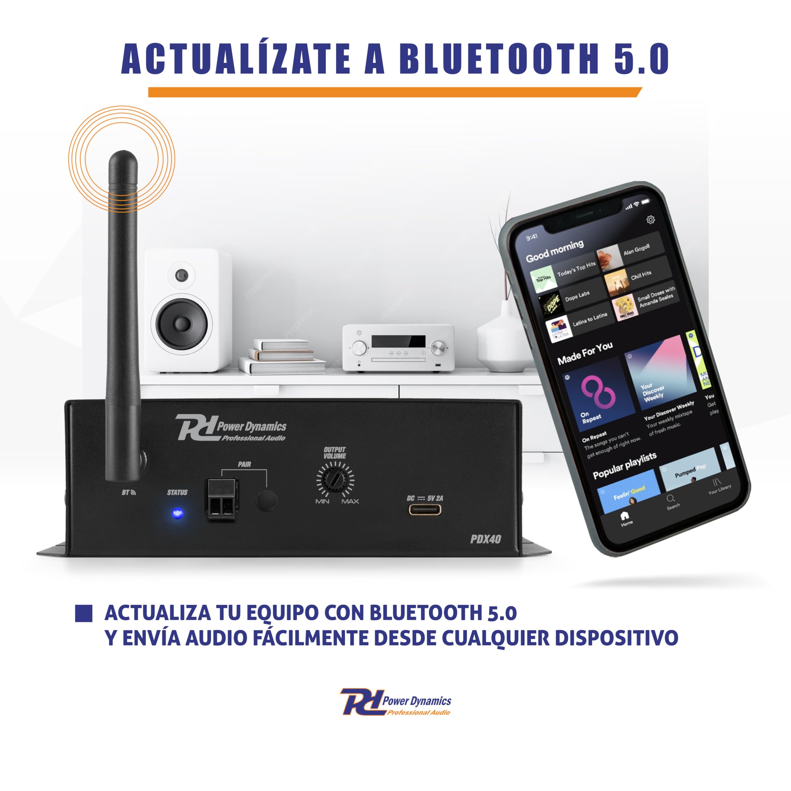Power Dynamics PDX40 Adaptador Bluetooth estéreo, Receptor de Audio inalámbrico para Sistema estéreo, tecnología BT 5.0, 30m de Alcance, Salida XLR, Entrada Jack 6.3, Receptor Bluetooth - Negro