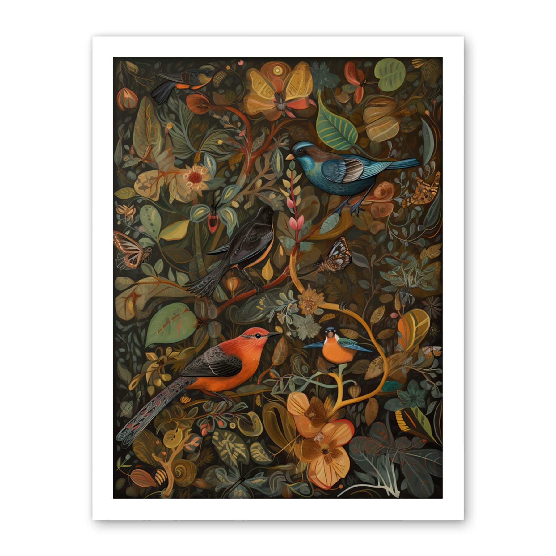 Artery8 Birds and Butterflies on Autumnal Tree Folk Art Artwork Framed Wall Art Print 18X24 Inch