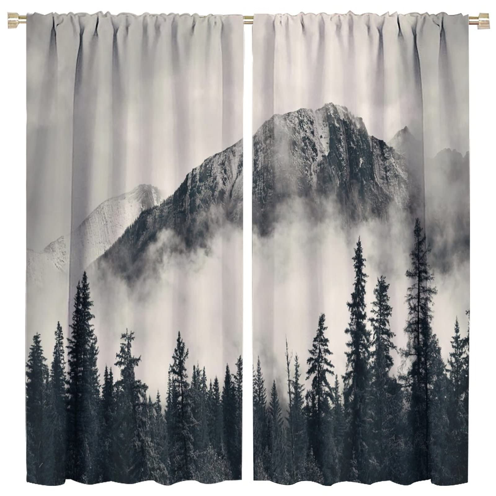 JESTRONRY Forest Bedroom Curtains,Misty Forest Nature Landscape Grey Style Room Darkening Door Window Rod Pocket Curtain for Living Room Kitchen Bathroom Hotels Decor,2 Panels W42xL45in