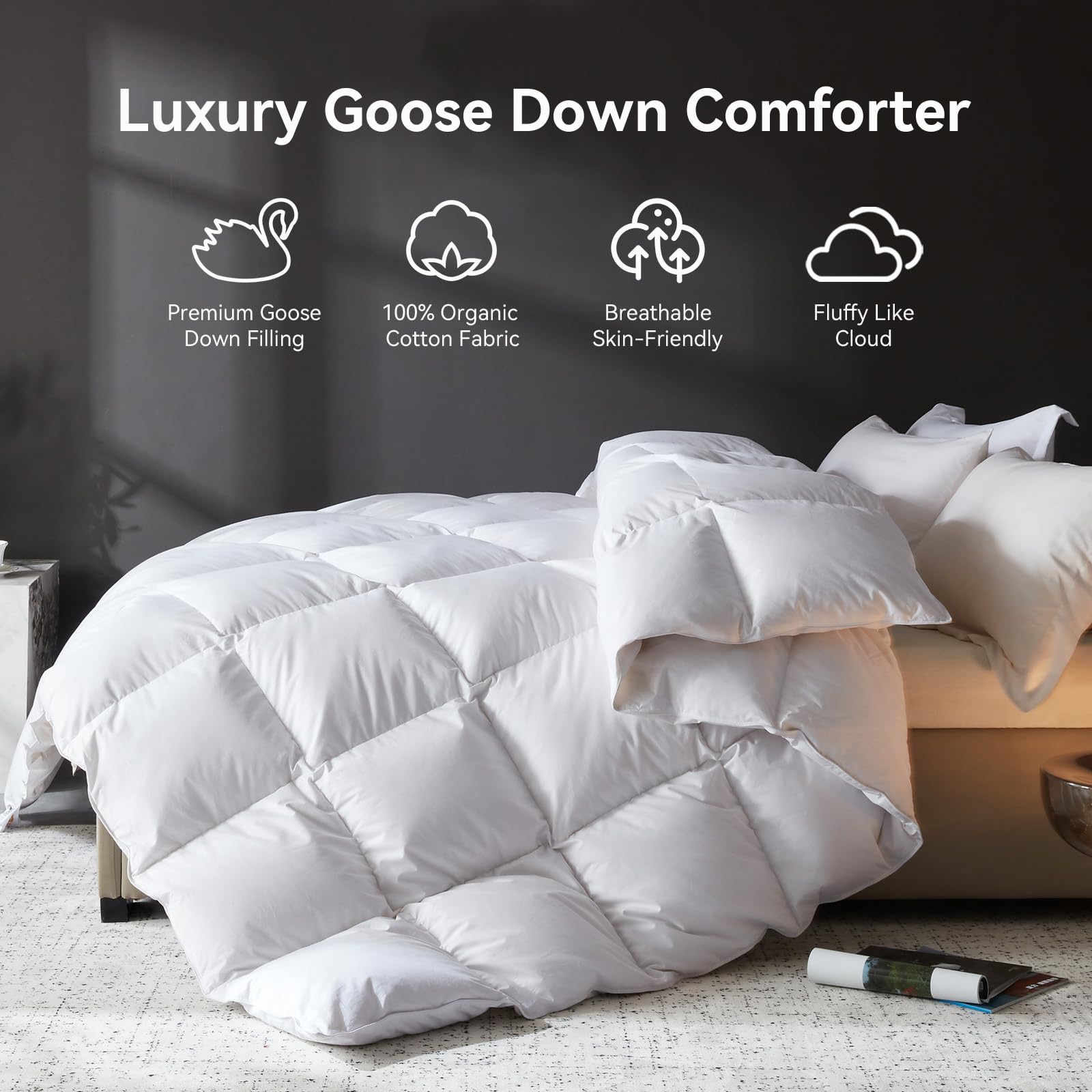 L LOVSOUL Goose Feather Down Fiber Comforter King Size, 100% Organic Cotton Fabric Duvet Insert,1200TC,750+FP, Hotel Collection, All Season White Bedding Comforters with 8 Tabs